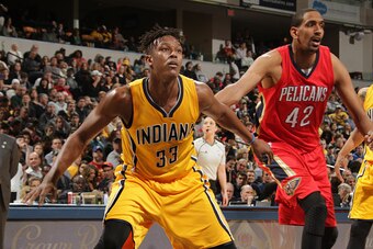 INDIANAPOLIS, IN  - MARCH 24: Myles Turner #33 of the Indiana Pacers defends the basket against the New Orleans Pelicans during the game on March 24, 2016 at Bankers Life Fieldhouse in Indianapolis, Indiana. NOTE TO USER: User expressly acknowledges and a