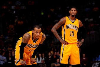 DENVER, CO - JANUARY 17:  Monta Ellis #11 of the Indiana Pacers and Paul George #13 of the Indiana Pacers against the Denver Nuggets on January 17, 2016 at the Pepsi Center in Denver, Colorado. NOTE TO USER: User expressly acknowledges and agrees that, by