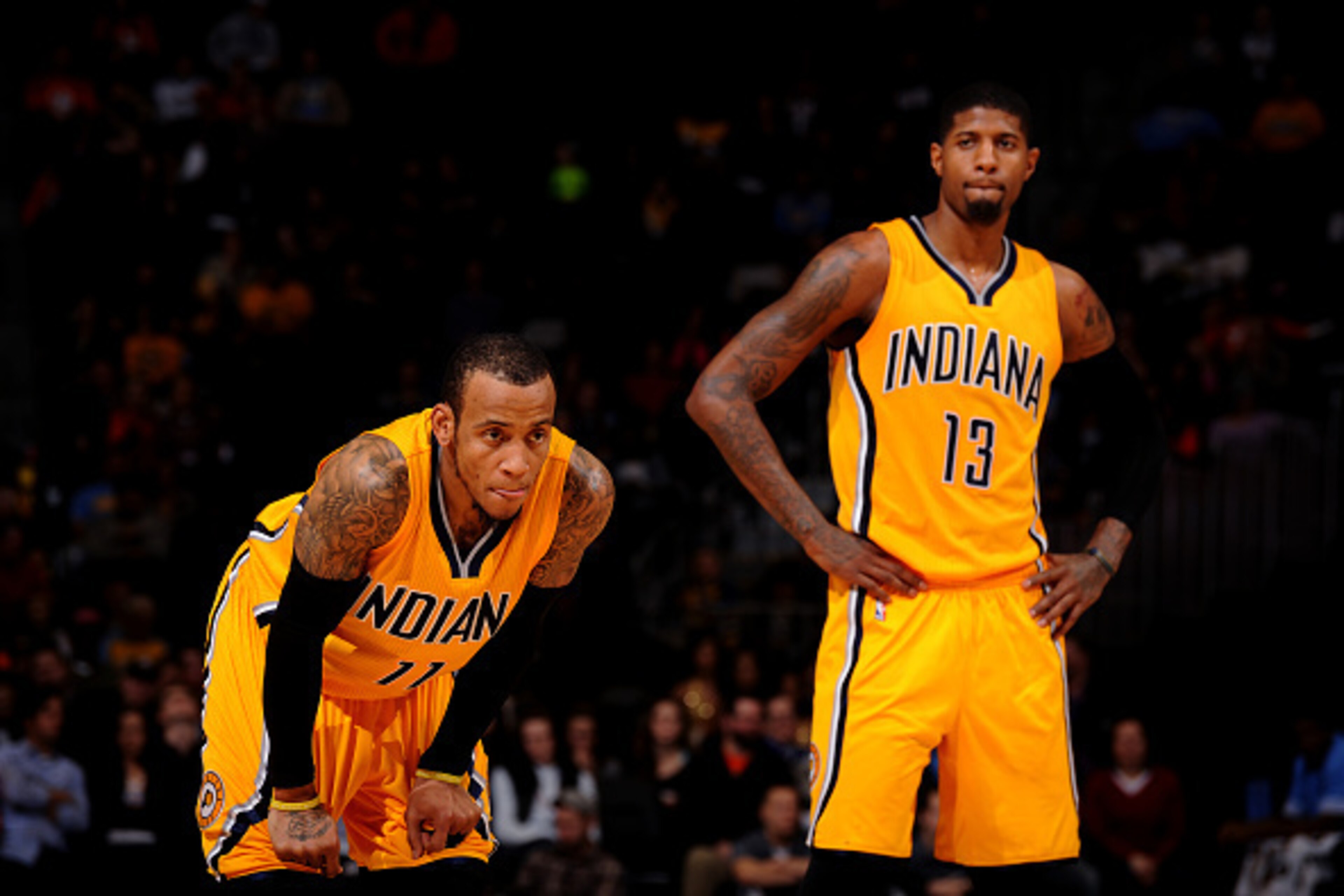 DENVER, CO - JANUARY 17:  Monta Ellis #11 of the Indiana Pacers and Paul George #13 of the Indiana Pacers against the Denver Nuggets on January 17, 2016 at the Pepsi Center in Denver, Colorado. NOTE TO USER: User expressly acknowledges and agrees that, by