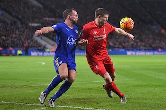 LEICESTER, ENGLAND - FEBRUARY 02:  James Milner of Liverpool and Danny Drinkwater of Leicester City compete for the ball during the Barclays Premier League match between Leicester City and Liverpool at The King Power Stadium on February 2, 2016 in Leicest
