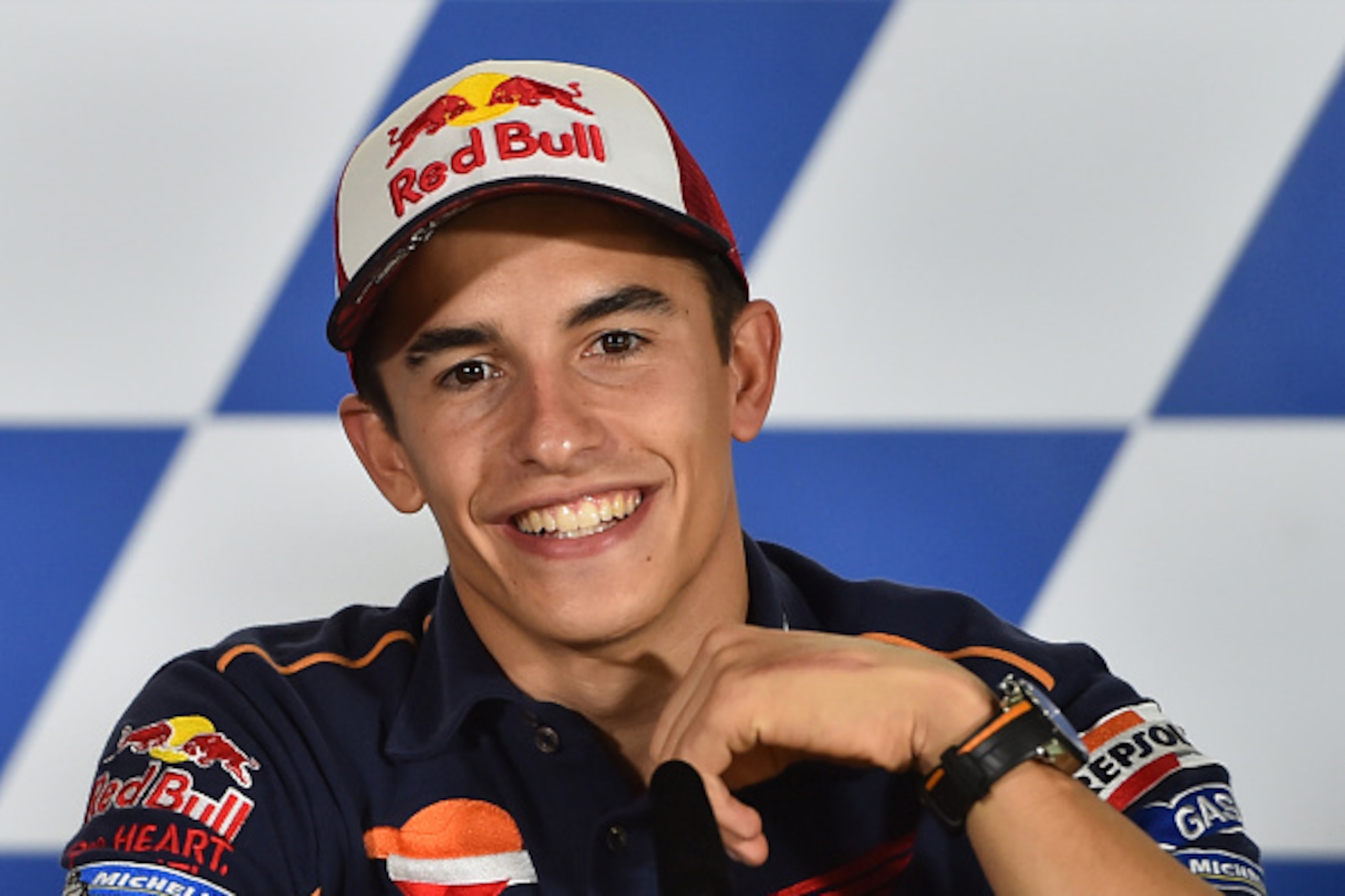 Repsol Honda Team's Spanish rider Marc Marquez attends a press conference at the Marco Simoncelli Circuit, on September 8, 2016, ahead of the San Marino MotoGP Grand Prix race in Misano.  / AFP / GIUSEPPE CACACE        (Photo credit should read GIUSEPPE C