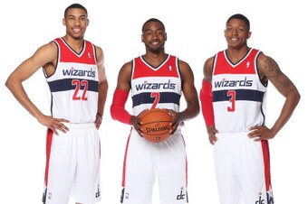 WASHINGTON, DC - SEPTEMBER 27: Otto Porter Jr #22, John Wall #2 and Bradley Beal #3 of the Washington Wizards pose for a portrait during 2013 NBA Media Day at the Verizon Center on September 27, 2013 in Washington, DC. NOTE TO USER: User expressly acknowl