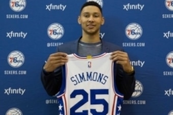 Jun 24, 2016; Philadelphia, PA, USA; Philadelphia 76ers number one overall draft pick Ben Simmons during an introduction press conference at the Philadelphia College of Osteopathic Medicine. Mandatory Credit: Bill Streicher-USA TODAY Sports