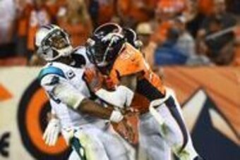 Sep 8, 2016; Denver, CO, USA; Denver Broncos inside linebacker Brandon Marshall (54) collides with Carolina Panthers quarterback Cam Newton (1) in the third quarter at Sports Authority Field at Mile High. Mandatory Credit: Ron Chenoy-USA TODAY Sports