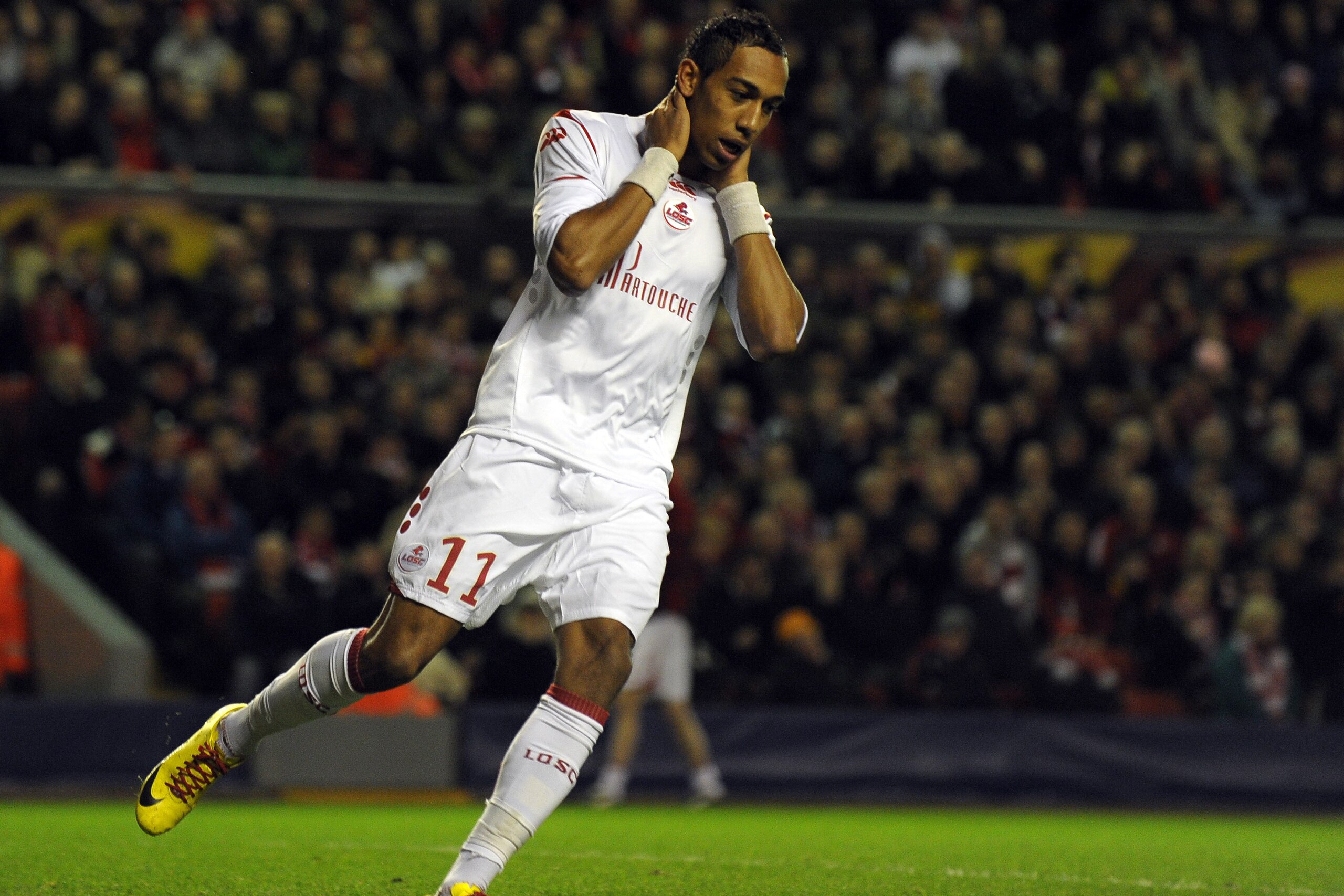 Aubameyang rues a missed chance for Lille against Liverpool in 2010.