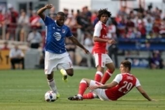 Jul 28, 2016; San Jose, CA, USA; MLS All-Star Team defender Andrew Farrell (14) battles for the ball with Arsenal midfielder Granit Xhaka (29) in the second half during the 2016 MLS All-Star Game at Avaya Stadium. Mandatory Credit: Kelley L Cox-USA TODAY 