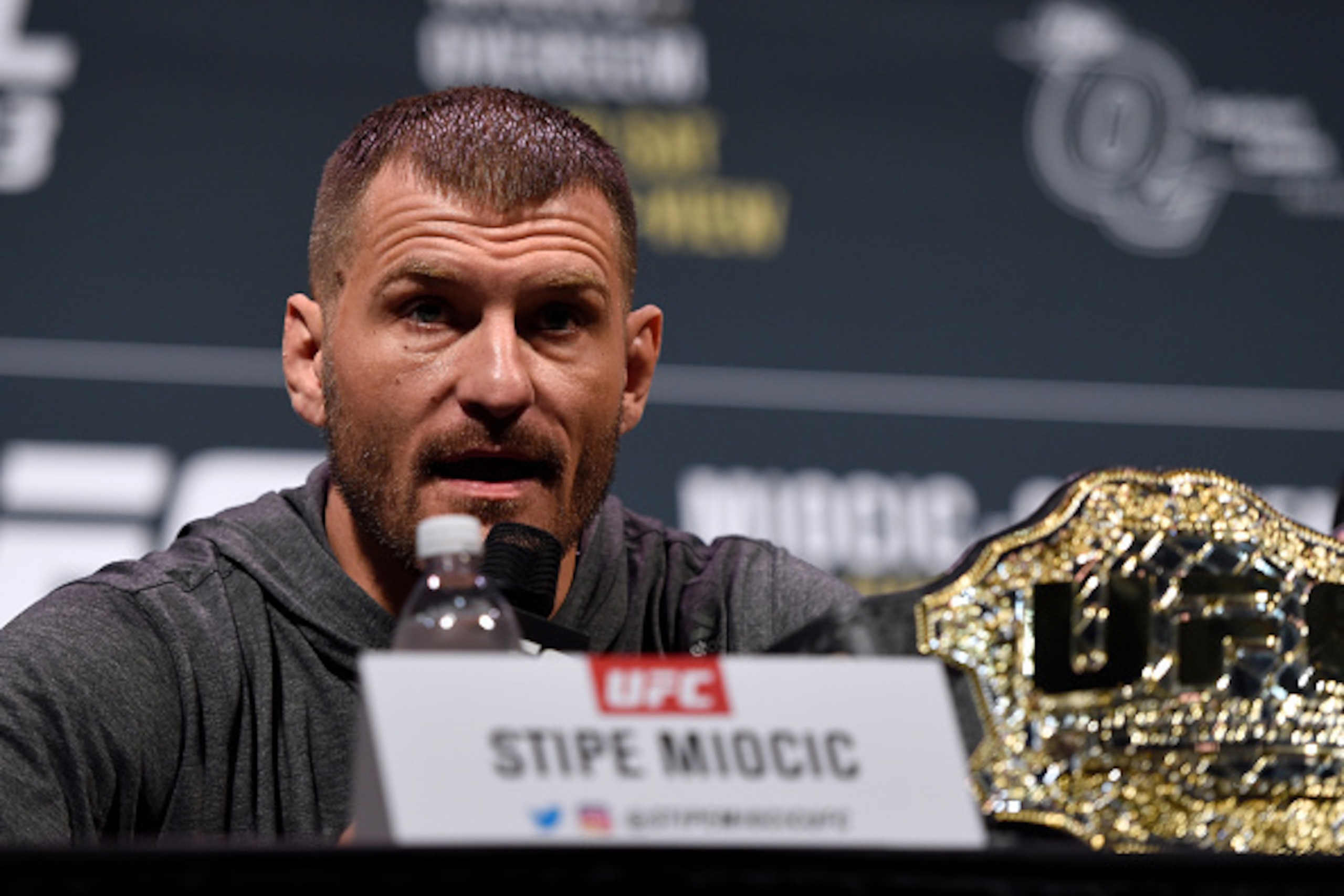 CLEVELAND, OH - SEPTEMBER 08:   UFC heavyweight champion Stipe Miocic interacts with media during the UFC 203 press conference at Quicken Loans Arena September 8, 2016 in Cleveland, Ohio. (Photo by Josh Hedges/Zuffa LLC/Zuffa LLC via Getty Images)