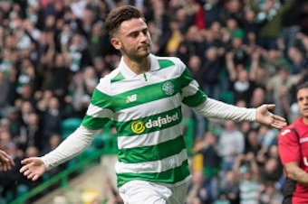 GLASGOW, SCOTLAND - JULY 20: Patrick Roberts of Celtic celebrates scoring Celtic's third goal during the UEFA Champions League Second Qualifying Round: Second Leg between Celtic Football Club and Lincoln Red Imps at Celtic Park on July 20, 2016 in Glasgow