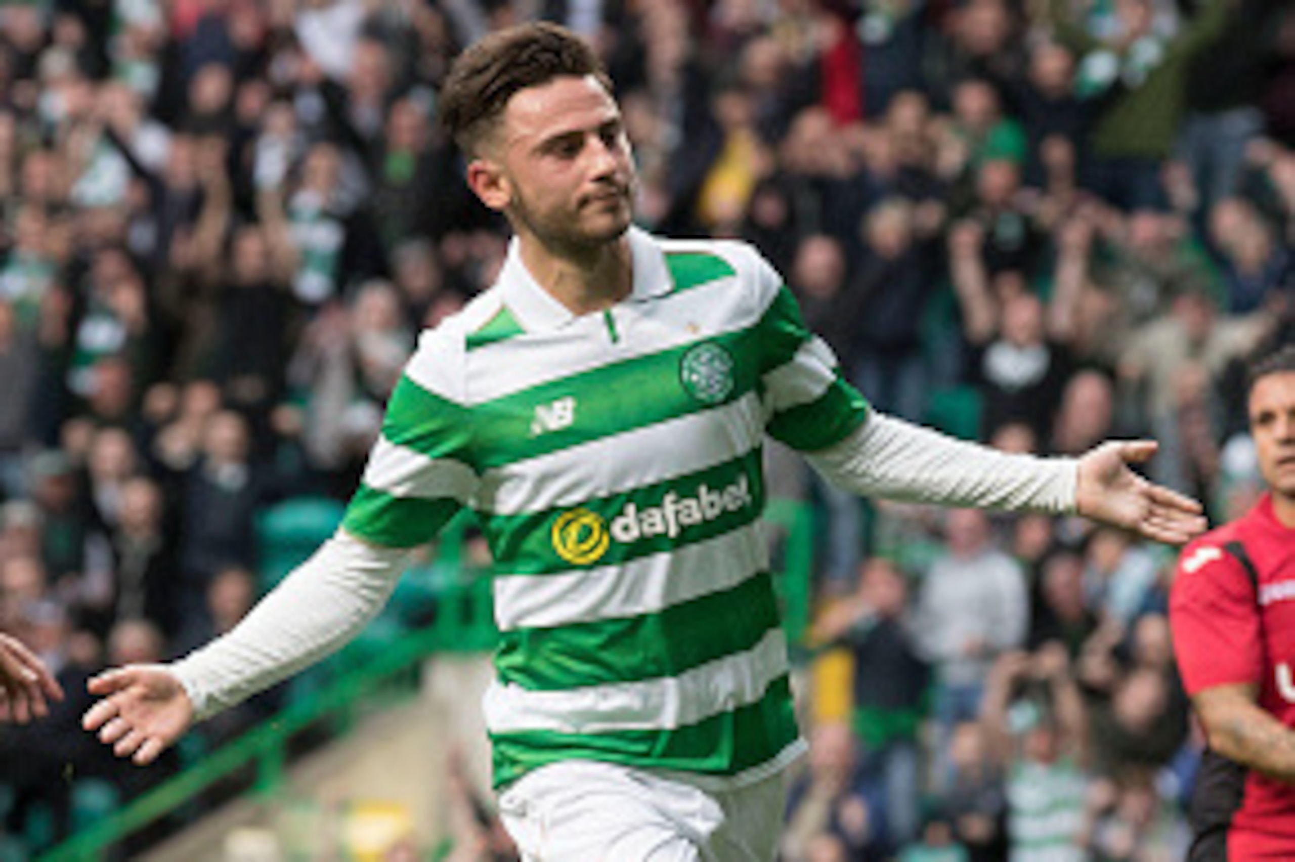 GLASGOW, SCOTLAND - JULY 20: Patrick Roberts of Celtic celebrates scoring Celtic's third goal during the UEFA Champions League Second Qualifying Round: Second Leg between Celtic Football Club and Lincoln Red Imps at Celtic Park on July 20, 2016 in Glasgow