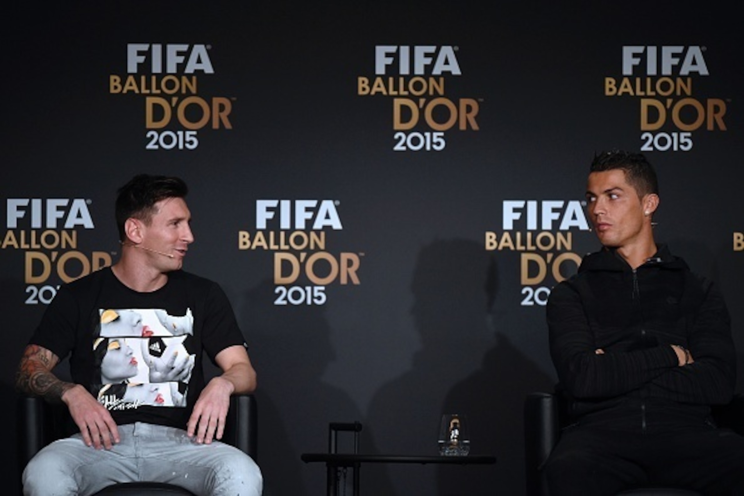 (From L) FC Barcelona and Argentina's forward Lionel Messi and Real Madrid and Portugal's forward Cristiano Ronaldo give a press conference ahead of the 2015 FIFA Ballon d'Or award ceremony at the Kongresshaus in Zurich on January 11, 2016.   AFP PHOTO / 