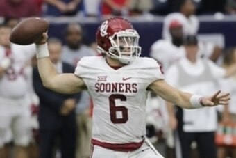 Sep 3, 2016; Houston, TX, USA; Oklahoma Sooners quarterback Baker Mayfield (6) in the pocket against the Houston Cougars in the second half at NRG Stadium. Houston Cougars won 33 to 23. Mandatory Credit: Thomas B. Shea-USA TODAY Sports