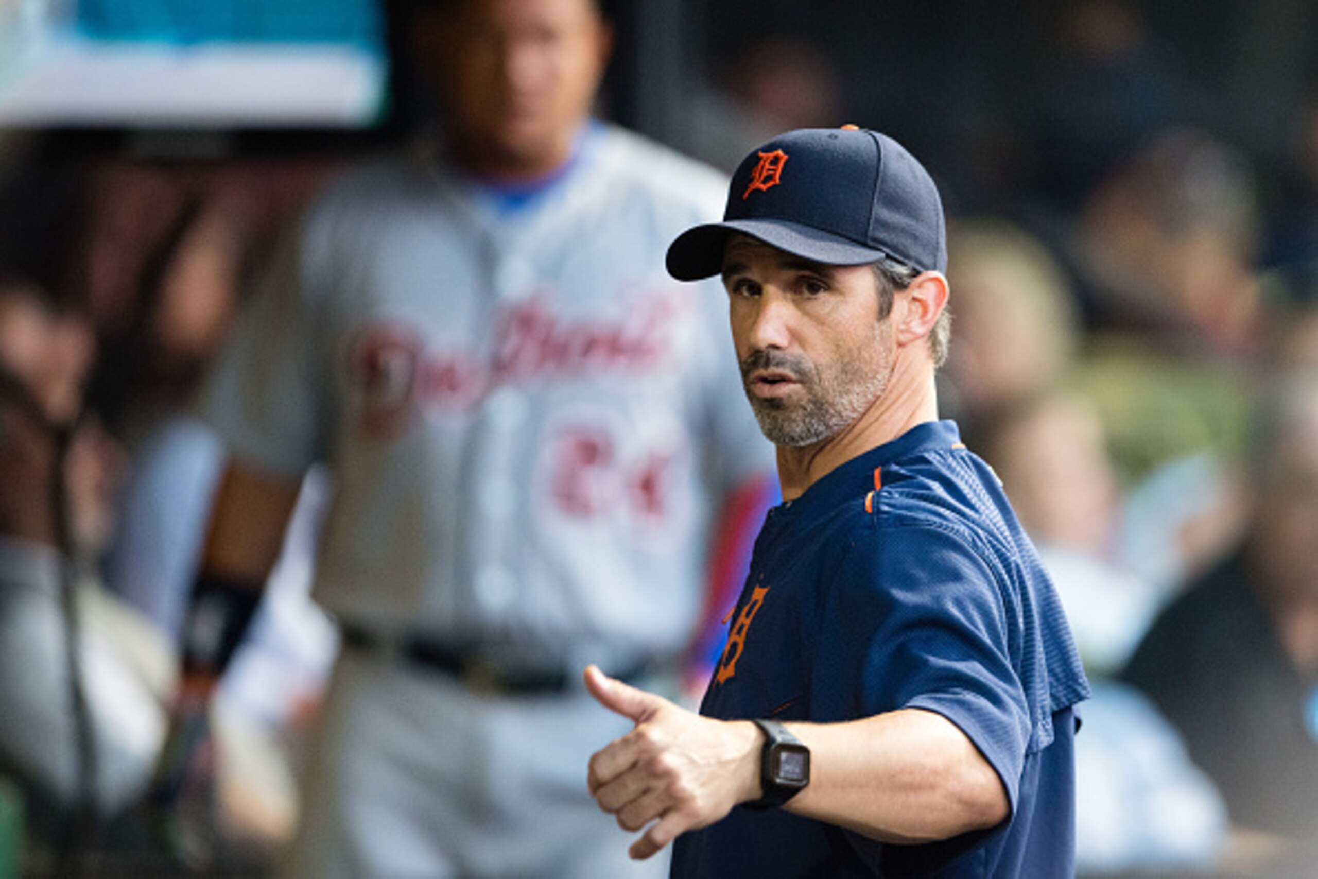 CLEVELAND, OH -  JULY 5: Manager Brad Ausmus #7 of the Detroit Tigers reacts after Miguel Cabrera #24 was ejected for arguing a call during the sixth inning against the Cleveland Indians at Progressive Field on July 5, 2016 in Cleveland, Ohio. (Photo by J
