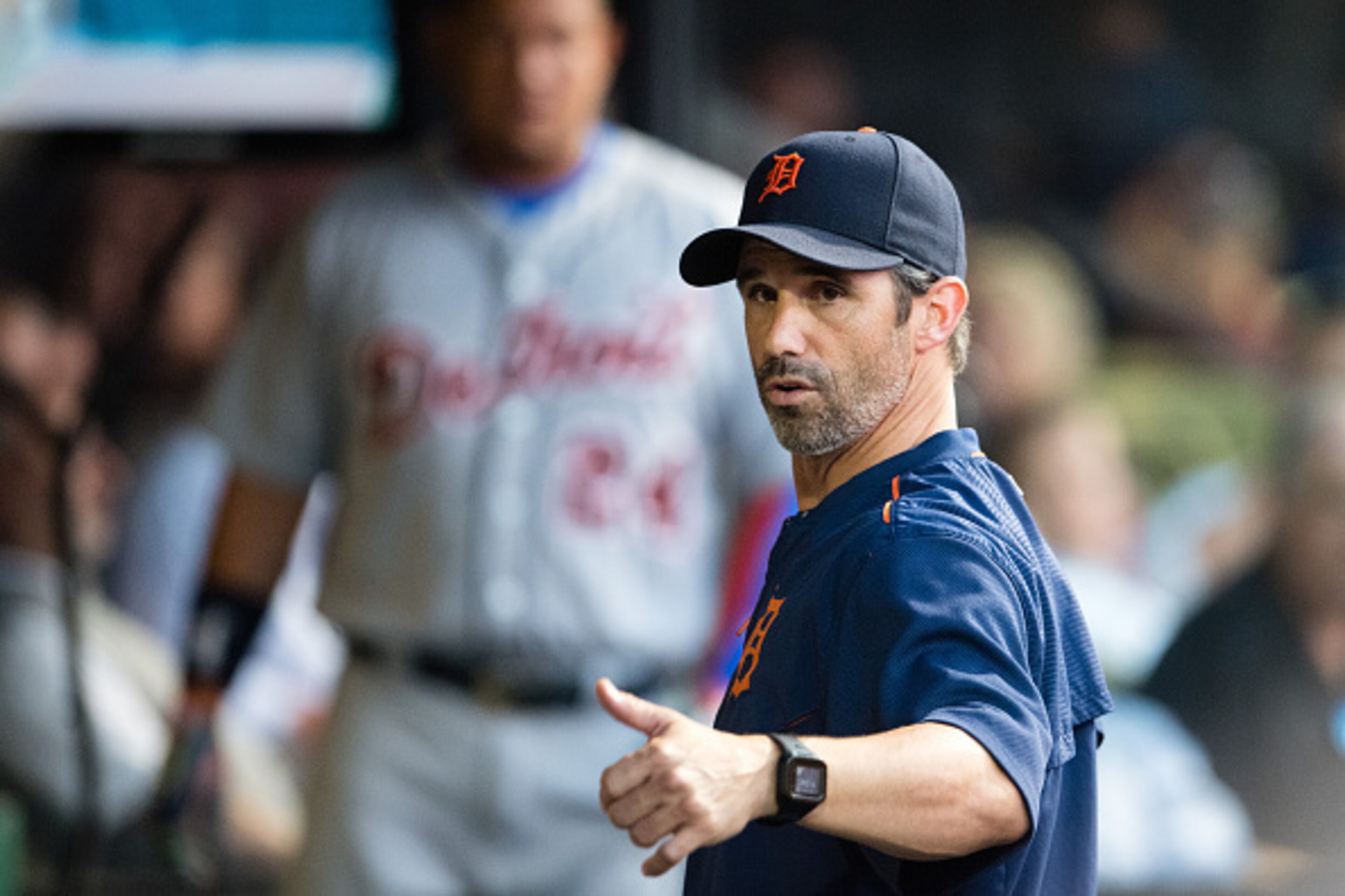 CLEVELAND, OH -  JULY 5: Manager Brad Ausmus #7 of the Detroit Tigers reacts after Miguel Cabrera #24 was ejected for arguing a call during the sixth inning against the Cleveland Indians at Progressive Field on July 5, 2016 in Cleveland, Ohio. (Photo by J