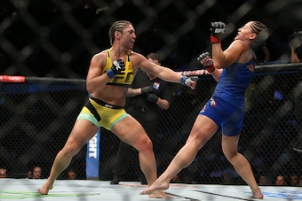 CLEVELAND, OH - SEPTEMBER 10: Bethe Correia punches Jessica Eye during the UFC 203 event at Quicken Loans Arena on September 10, 2016 in Cleveland, Ohio. (Photo by Rey Del Rio/Getty Images)