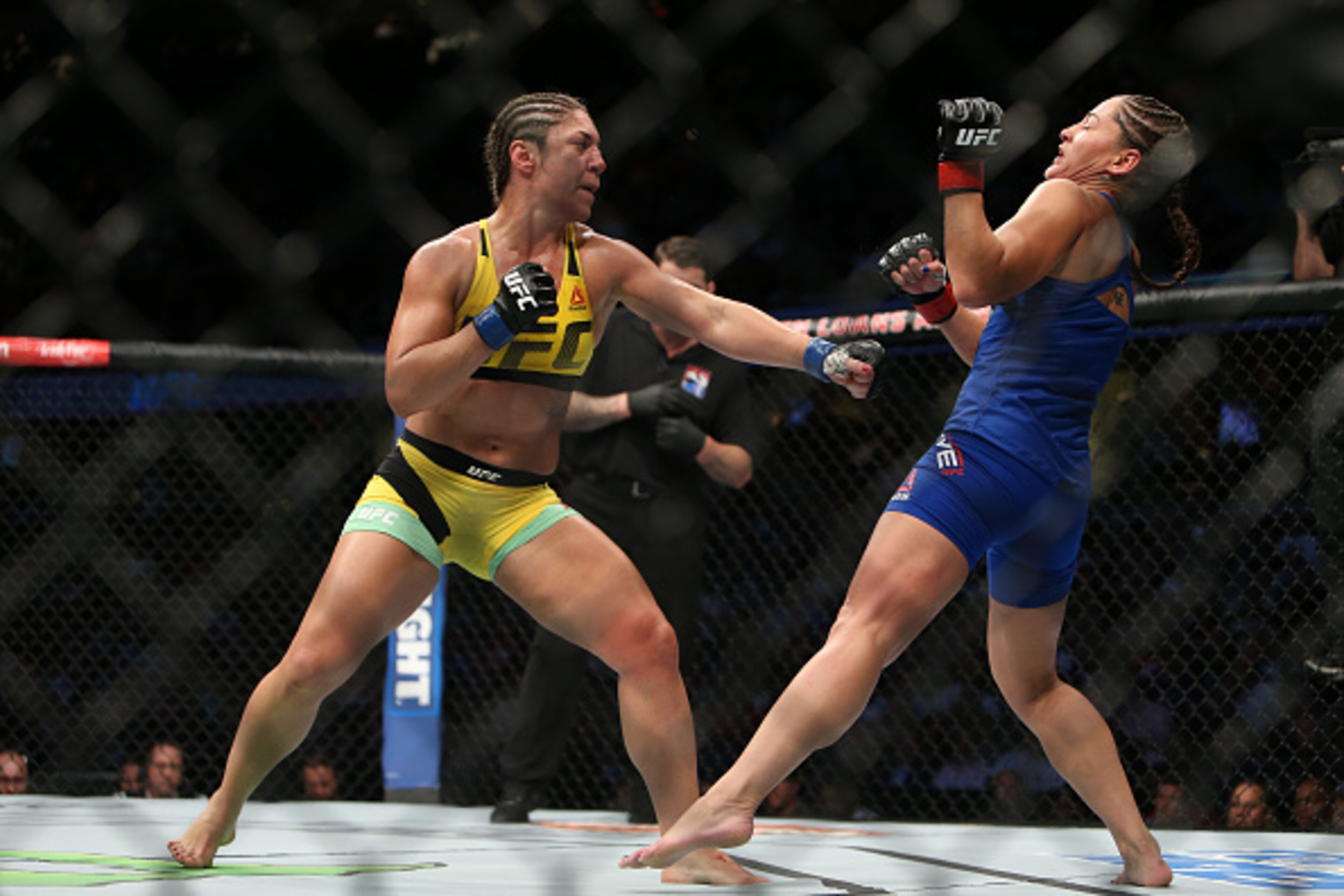 CLEVELAND, OH - SEPTEMBER 10: Bethe Correia punches Jessica Eye during the UFC 203 event at Quicken Loans Arena on September 10, 2016 in Cleveland, Ohio. (Photo by Rey Del Rio/Getty Images)