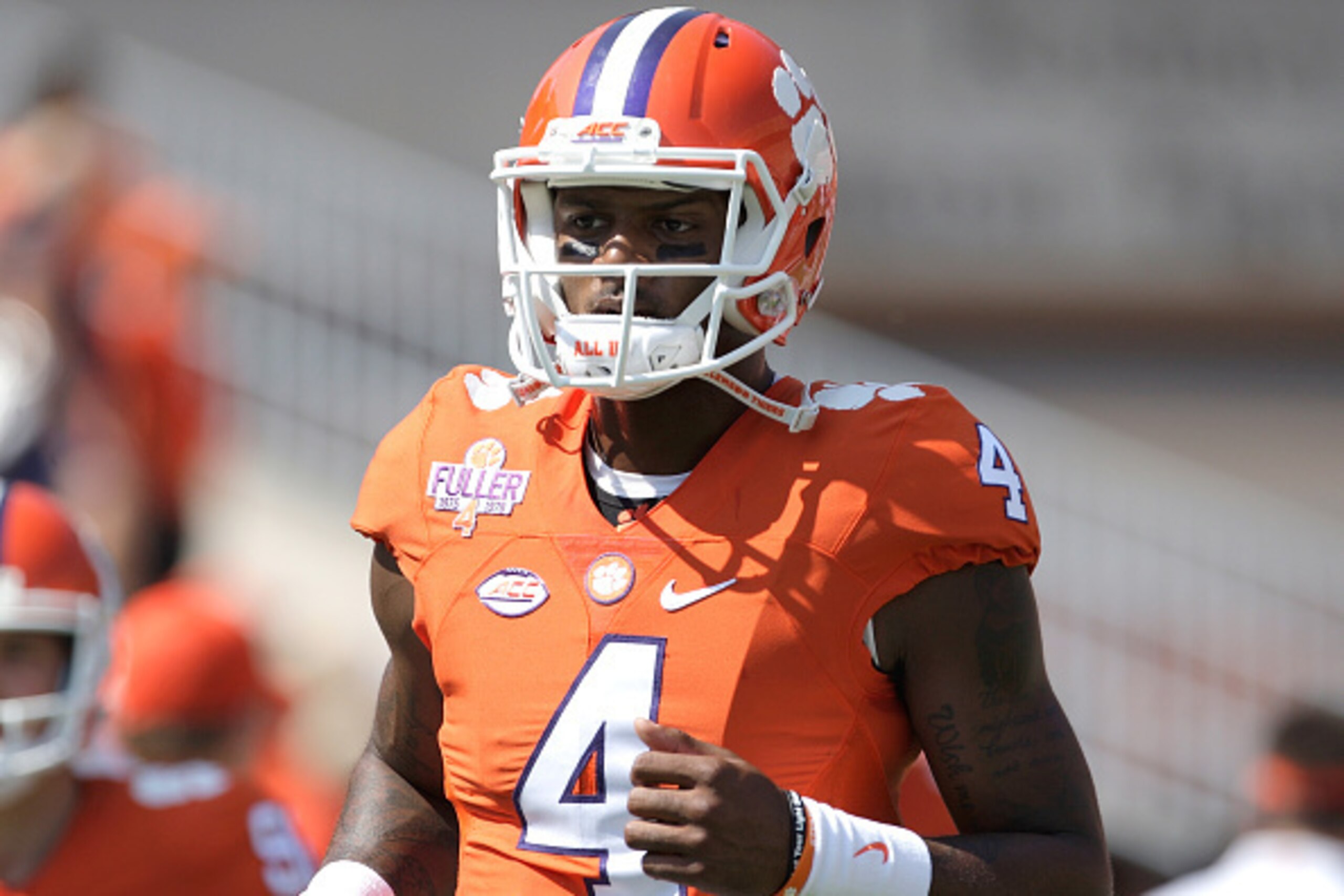 CLEMSON, SC - SEPTEMBER 10: Deshaun Watson #4 of the Clemson Tigers warms up prior to the game against the Troy Trojans at Memorial Stadium on September 10, 2016 in Clemson, South Carolina. (Photo by Tyler Smith/Getty Images)