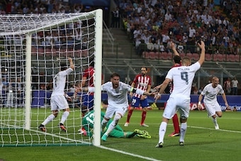 MILAN, ITALY - MAY 28: Sergio Ramos of Real Madrid celebrates scoring the opening goal during the UEFA Champions League Final between Real Madrid and Club Atletico de Madrid at Stadio Giuseppe Meazza on May 28, 2016 in Milan, Italy. (Photo by Chris Brunsk