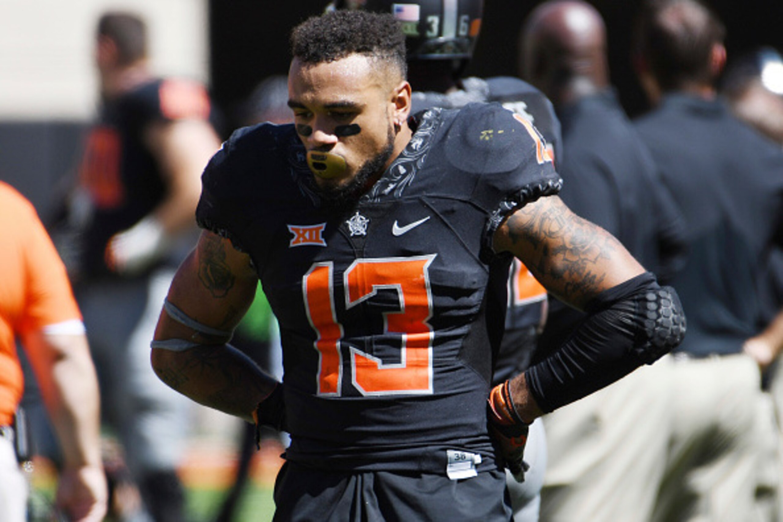 STILL WATER, OK - SEPTEMBER 10: Safety Jordan Sterns #13 of the Oklahoma State Cowboys reacts after a NCAA football game, September 10, 2016 at Boone Pickens Stadium in Stillwater, Oklahoma. Central Michigan won 30-27 on the last play of the game. (Photo STILL WATER, OK - SEPTEMBER 10: Safety Jordan Sterns #13 of the Oklahoma State Cowboys reacts after a NCAA football game, September 10, 2016 at Boone Pickens Stadium in Stillwater, Oklahoma. Central Michigan won 30-27 on the last play of the game. (Photo