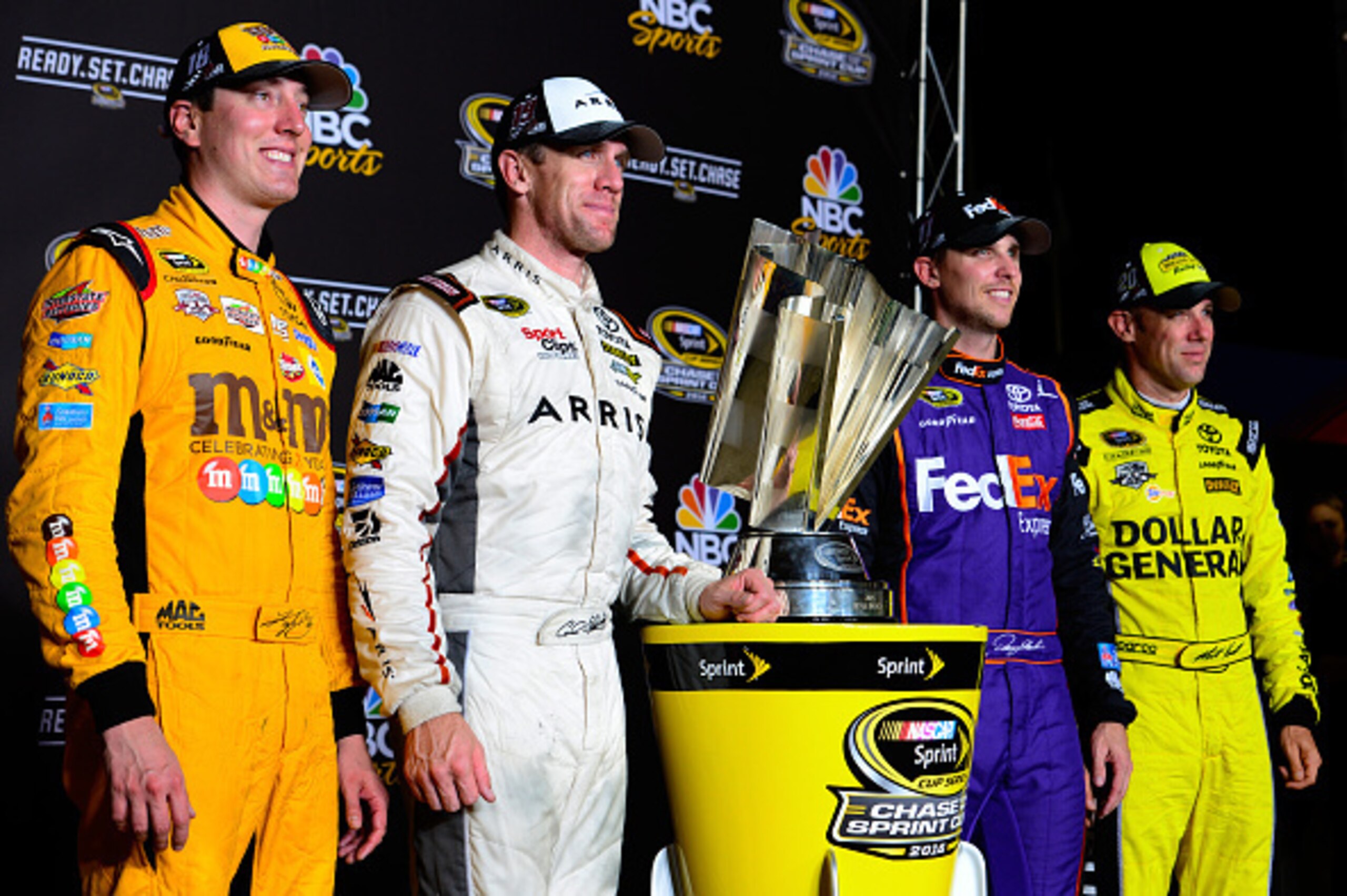 RICHMOND, VA - SEPTEMBER 10:  Kyle Busch, driver of the #18 M&M's 75th Anniversary Toyota, Carl Edwards, driver of the #19 ARRIS Surfboard Toyota, Denny Hamlin, driver of the #11 FedEx Ground Toyota, and Matt Kenseth, driver of the #20 Dollar General Toyo