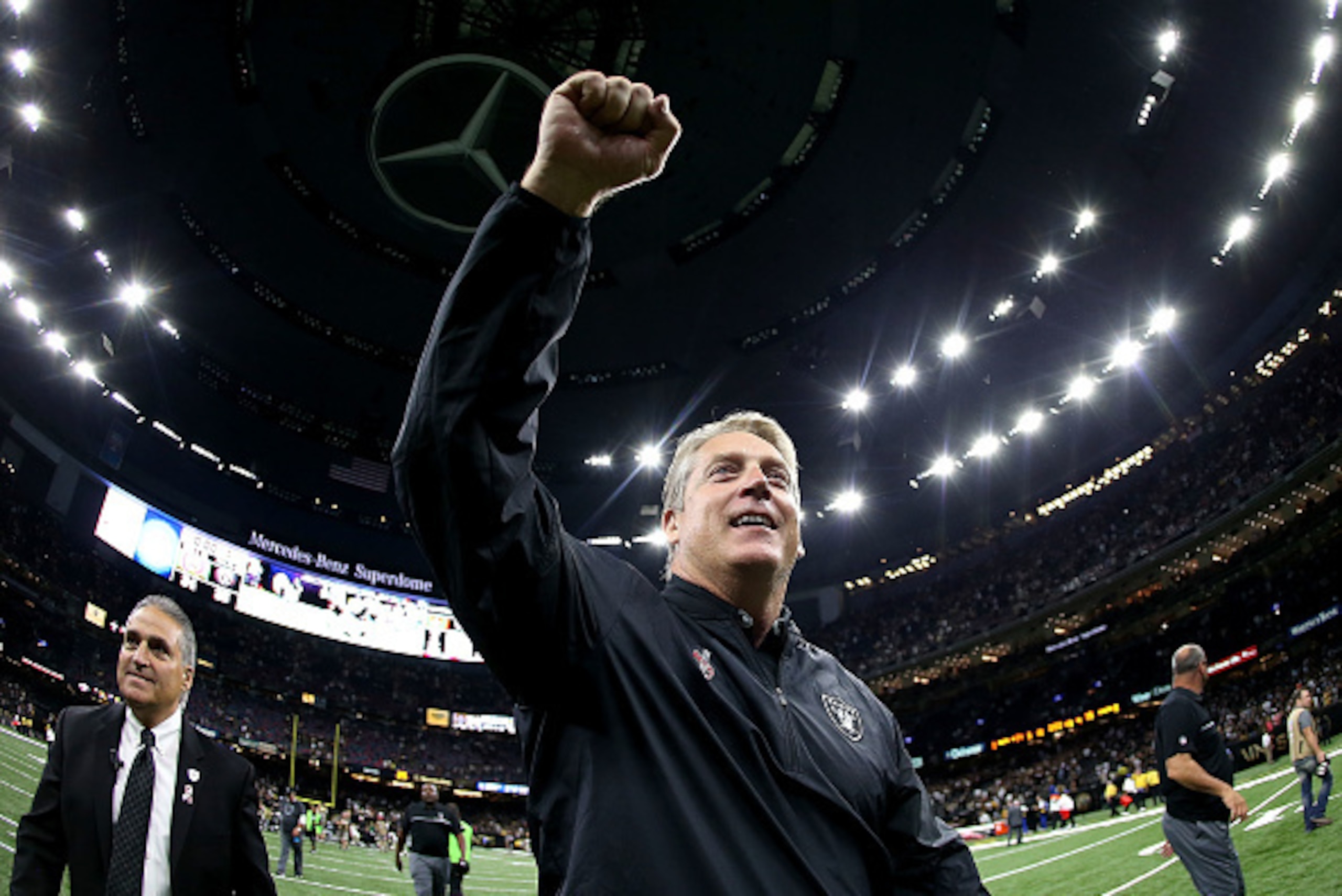 NEW ORLEANS, LA - SEPTEMBER 11: Head coach Jack Del Rio of the Oakland Raiders celebrates after his team defeated the New Orleans Saints 35-34 at the Mercedes-Benz Superdome on September 11, 2016 in New Orleans, Louisiana. (Photo by Sean Gardner/Getty NEW ORLEANS, LA - SEPTEMBER 11: Head coach Jack Del Rio of the Oakland Raiders celebrates after his team defeated the New Orleans Saints 35-34 at the Mercedes-Benz Superdome on September 11, 2016 in New Orleans, Louisiana. (Photo by Sean Gardner/Getty