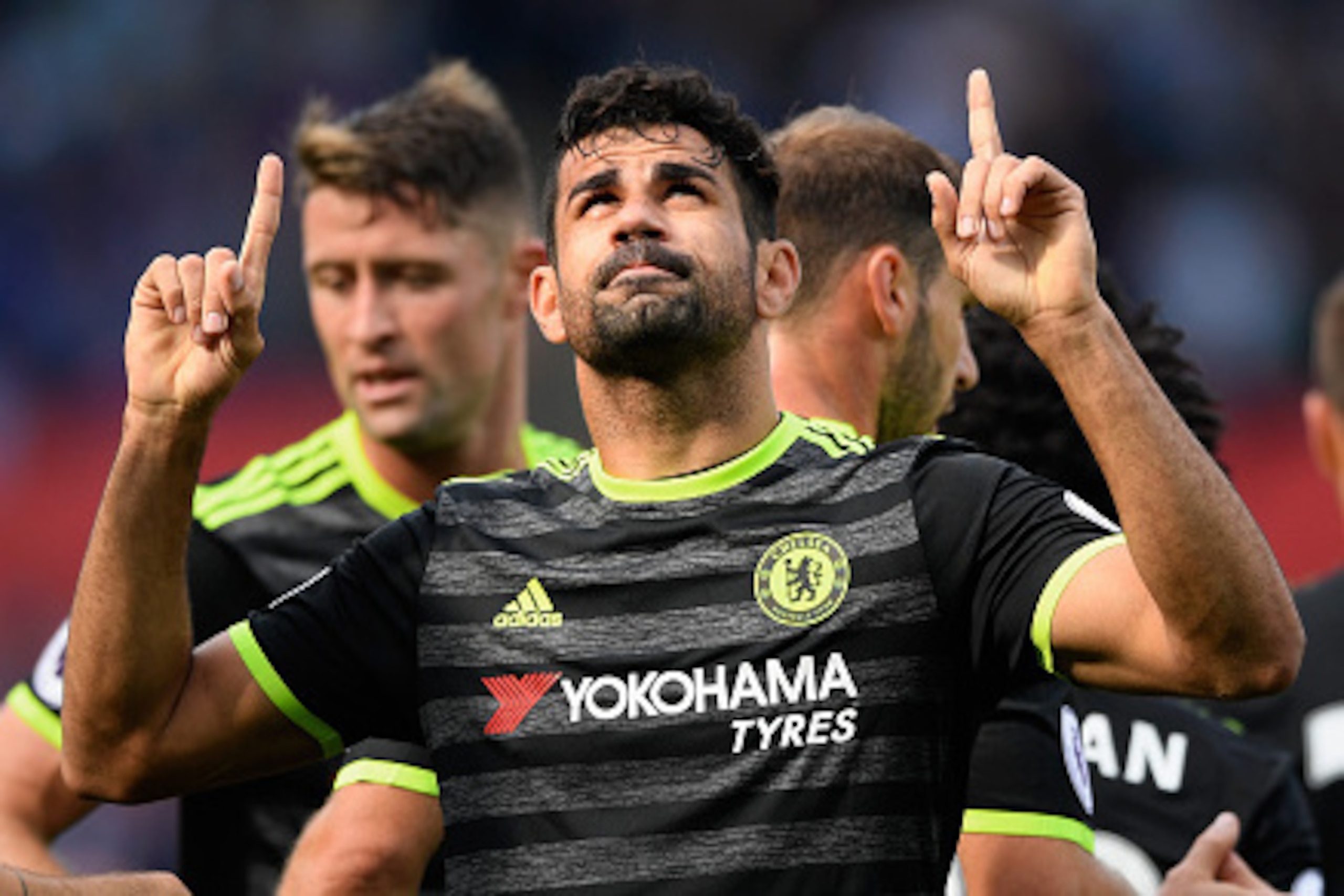 SWANSEA, WALES - SEPTEMBER 11:  Chelsea player Diego Costa celebrates his first goal during the Premier League match between Swansea City and Chelsea at Liberty Stadium on September 11, 2016 in Swansea, Wales.  (Photo by Stu Forster/Getty Images)
