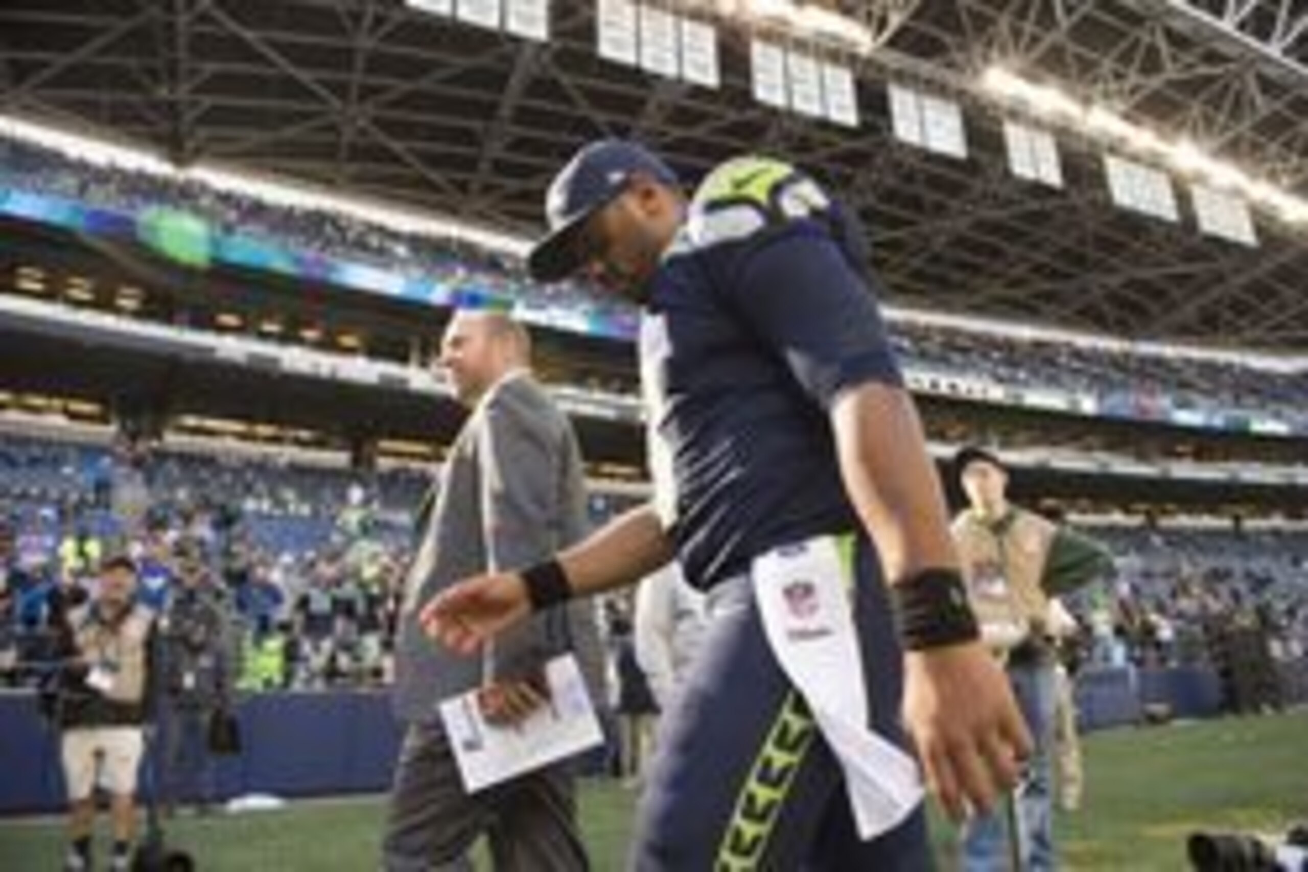 Sep 11, 2016; Seattle, WA, USA;  Seattle Seahawks quarterback Russell Wilson (3) walks to the locker room after a game against the Miami Dolphins at CenturyLink Field. The Seahawks won 12-10. Mandatory Credit: Troy Wayrynen-USA TODAY Sports