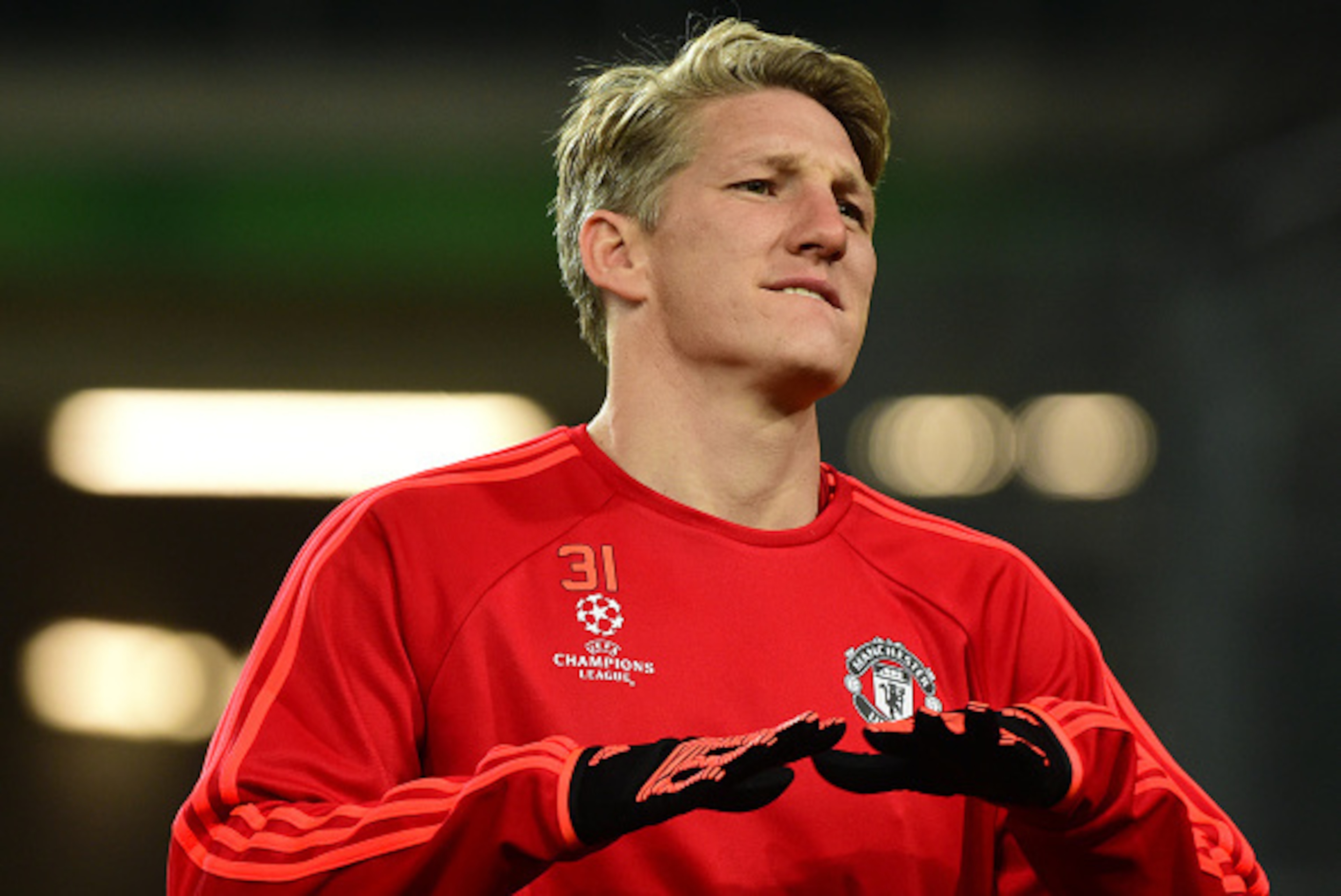 Manchester United's German midfielder Bastian Schweinsteiger warms up during a training session in Wolfsburg, central Germany, on December 7, 2015, one the eve of the UEFA Champions League Group B second-leg football match VfL Wolfsburg vs Manchester Unit