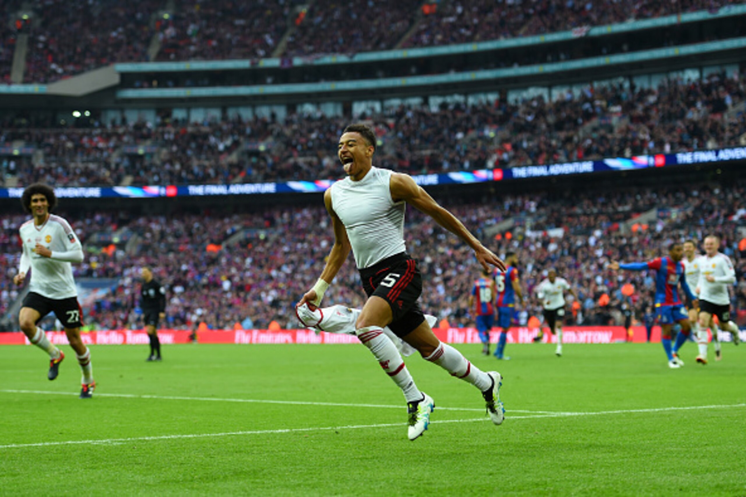 LONDON, ENGLAND - MAY 21:  Jesse Lingard of Manchester United celebrates as he scores their second goal during The Emirates FA Cup Final match between Manchester United and Crystal Palace at Wembley Stadium on May 21, 2016 in London, England.  (Photo by S