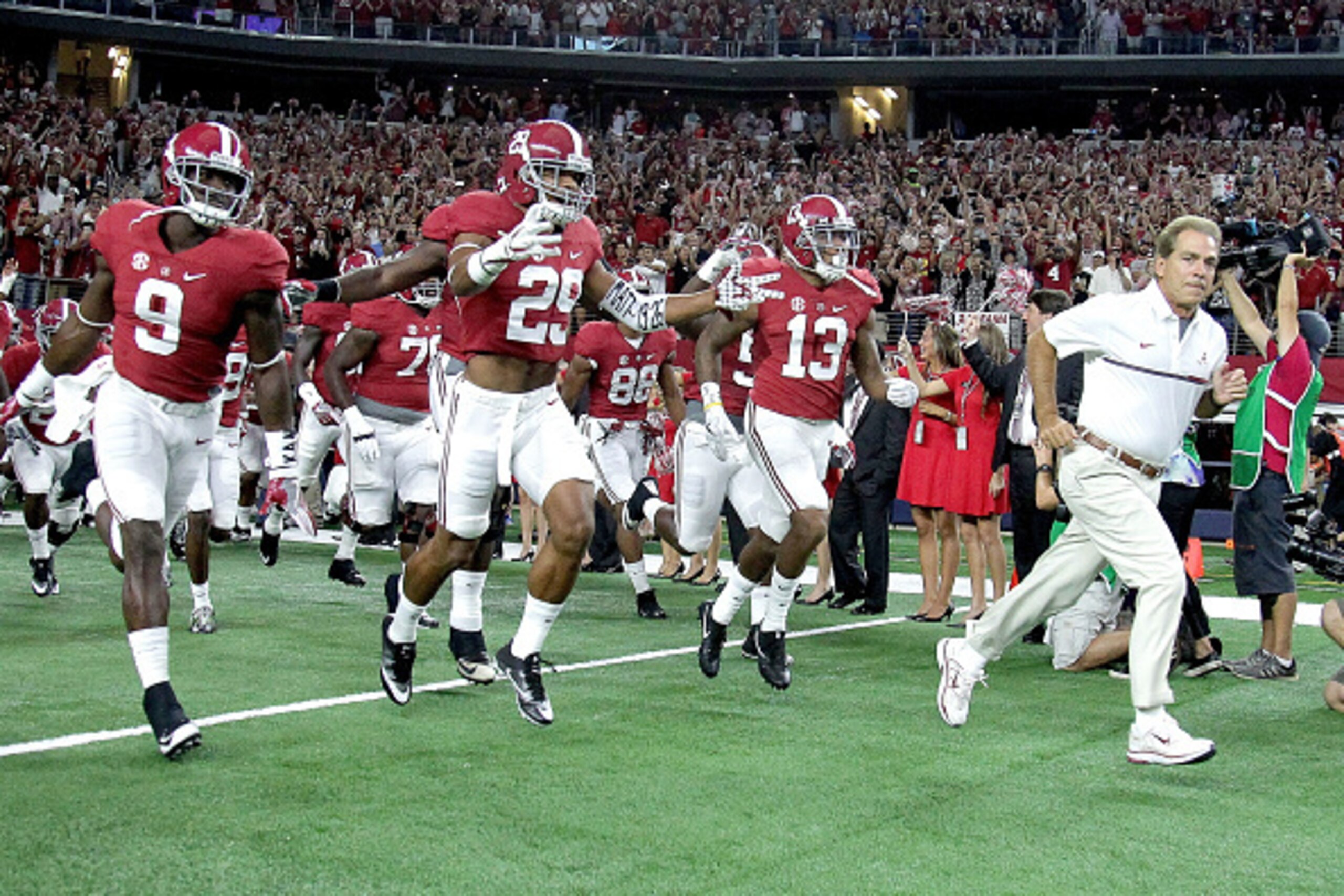 ARLINGTON, TX - SEPTEMBER 03: Head coach Nick Saban of the Alabama Crimson Tide takes his team to the field against the USC Trojan during the AdvoCare Classic at AT&T Stadium on September 3, 2016 in Arlington, Texas. (Photo by Leon Bennett/Getty Images) ARLINGTON, TX - SEPTEMBER 03: Head coach Nick Saban of the Alabama Crimson Tide takes his team to the field against the USC Trojan during the AdvoCare Classic at AT&T Stadium on September 3, 2016 in Arlington, Texas. (Photo by Leon Bennett/Getty Images)