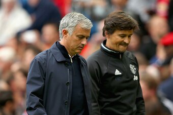 MANCHESTER, ENGLAND - SEPTEMBER 10: Jose Mourinho, Manager of Manchester United (L) and his assisstant Rui Faria leave the pitch after the game during the Premier League match between Manchester United and Manchester City at Old Trafford on September 10, 