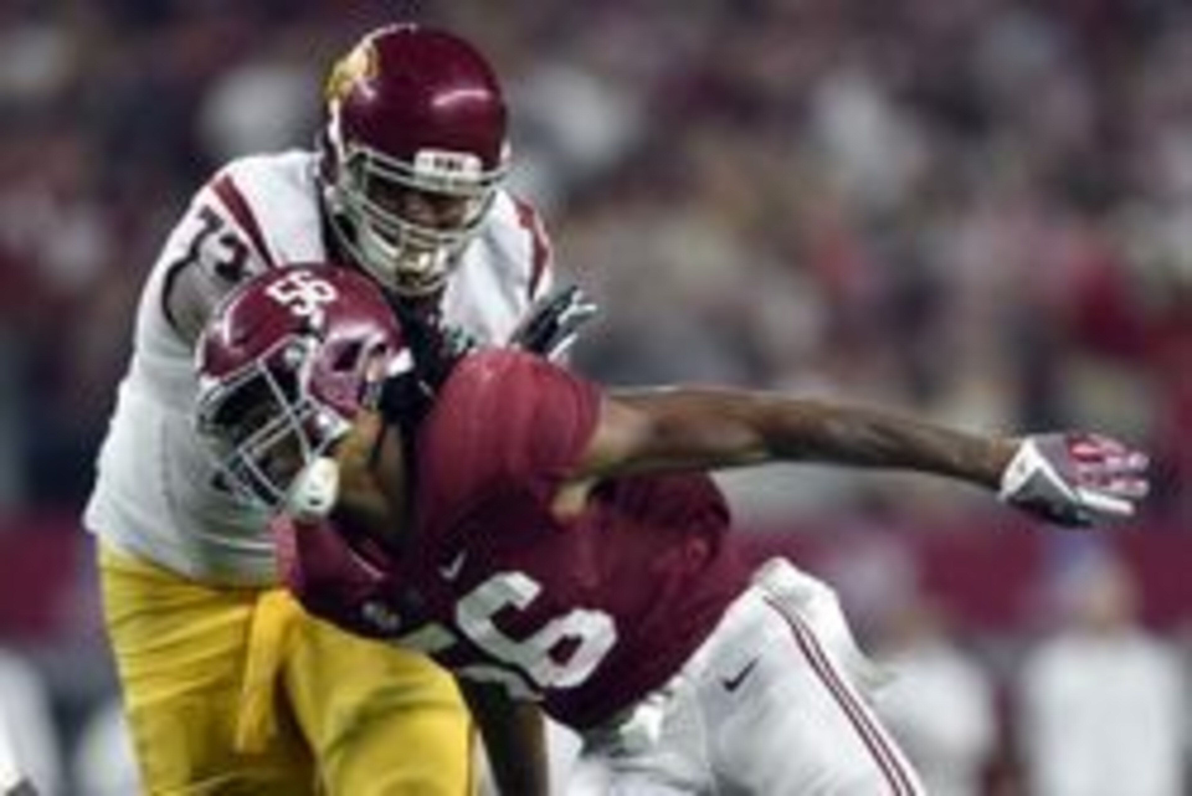 Sep 3, 2016; Arlington, TX, USA; Alabama Crimson Tide linebacker Tim Williams (56) rushes as USC Trojans offensive tackle Zach Banner (73) defends during the third quarter at AT&T Stadium. Mandatory Credit: Jerome Miron-USA TODAY Sports