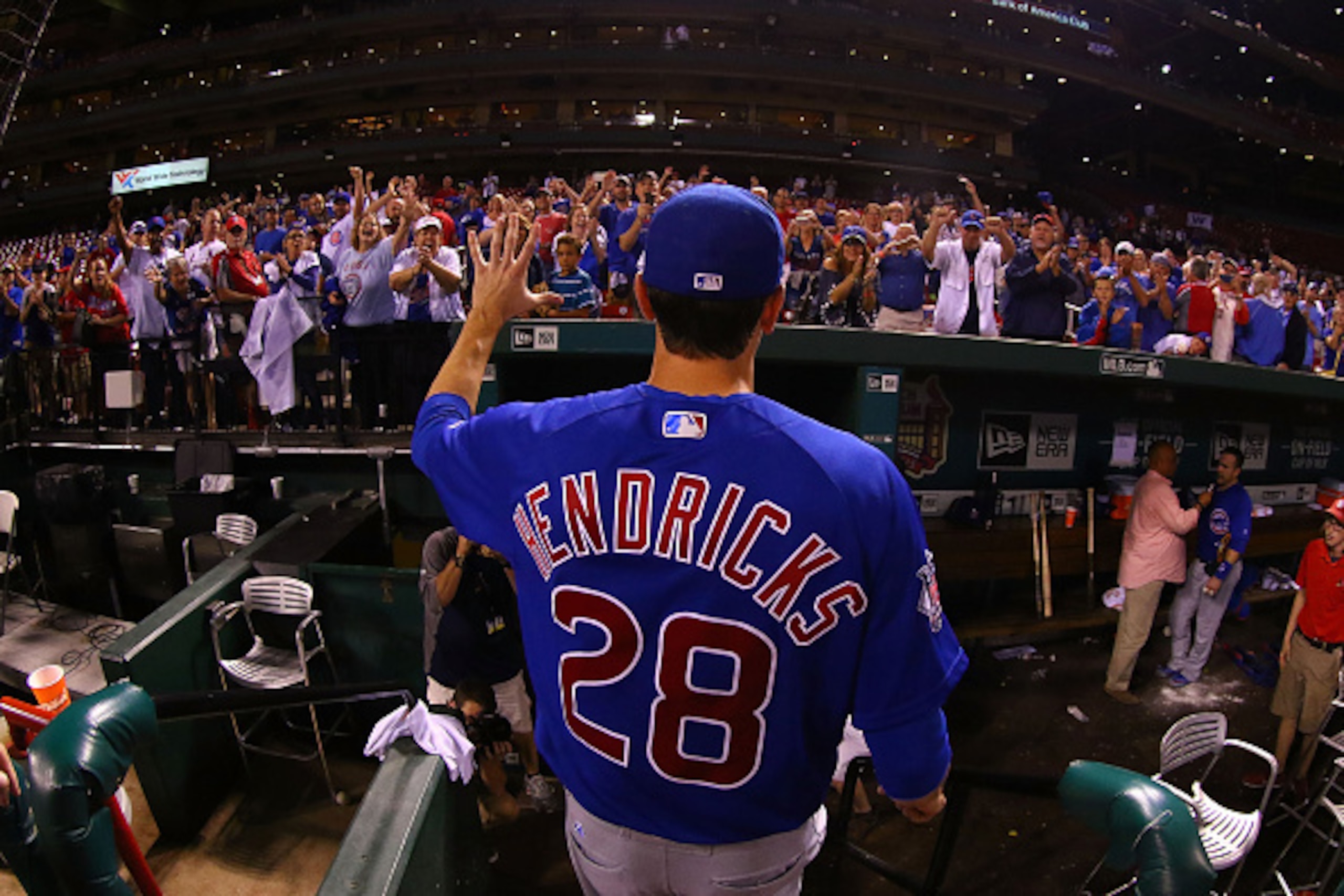 ST. LOUIS, MO - SEPTEMBER 12: Kyle Hendricks #28 of the Chicago Cubs acknowledges the crowd after throwing a one-hitter against the St. Louis Cardinals at Busch Stadium on September 12, 2016 in St. Louis, Missouri.  (Photo by Dilip Vishwanat/Getty Images)
