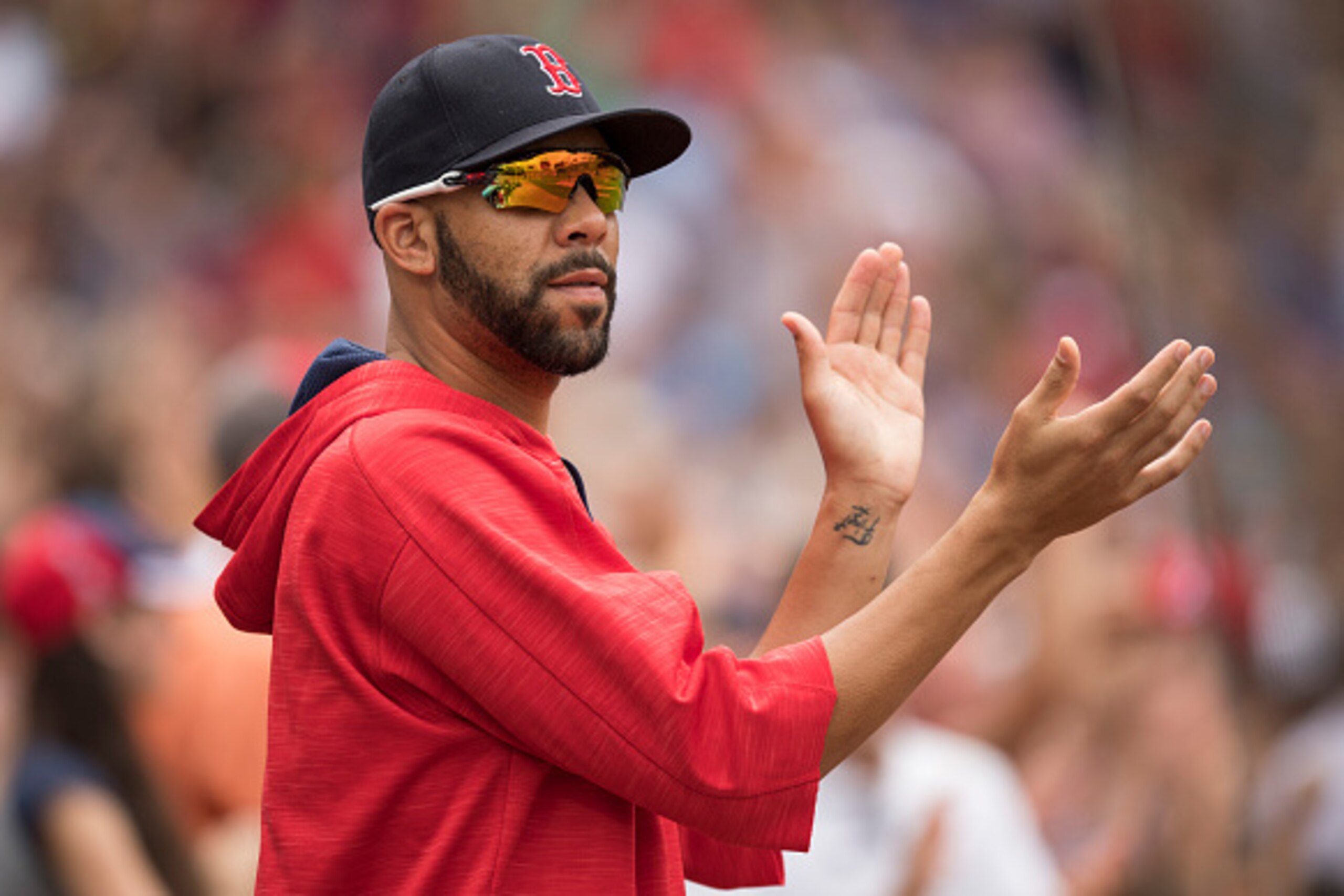BOSTON, MA - AUGUST 31:  David Price #24 of the Boston Red Sox reacts after a grand slam by Hanley Ramirez #13 against the Tampa Bay Rays in the fifth inning on August 31, 2016  at Fenway Park in Boston, Massachusetts. (Photo by Michael Ivins/Boston Red S