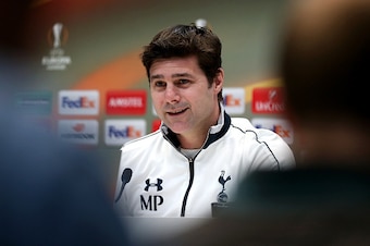 ENFIELD, ENGLAND - MARCH 16:  Mauricio Pochettino Manager of Tottenham Hotspur speaks during a press conference ahead of the UEFA Europa League Round of 16, second leg match between Tottenham Hotspur FC and Borussia Dortmund at White Hart Lane on March 16