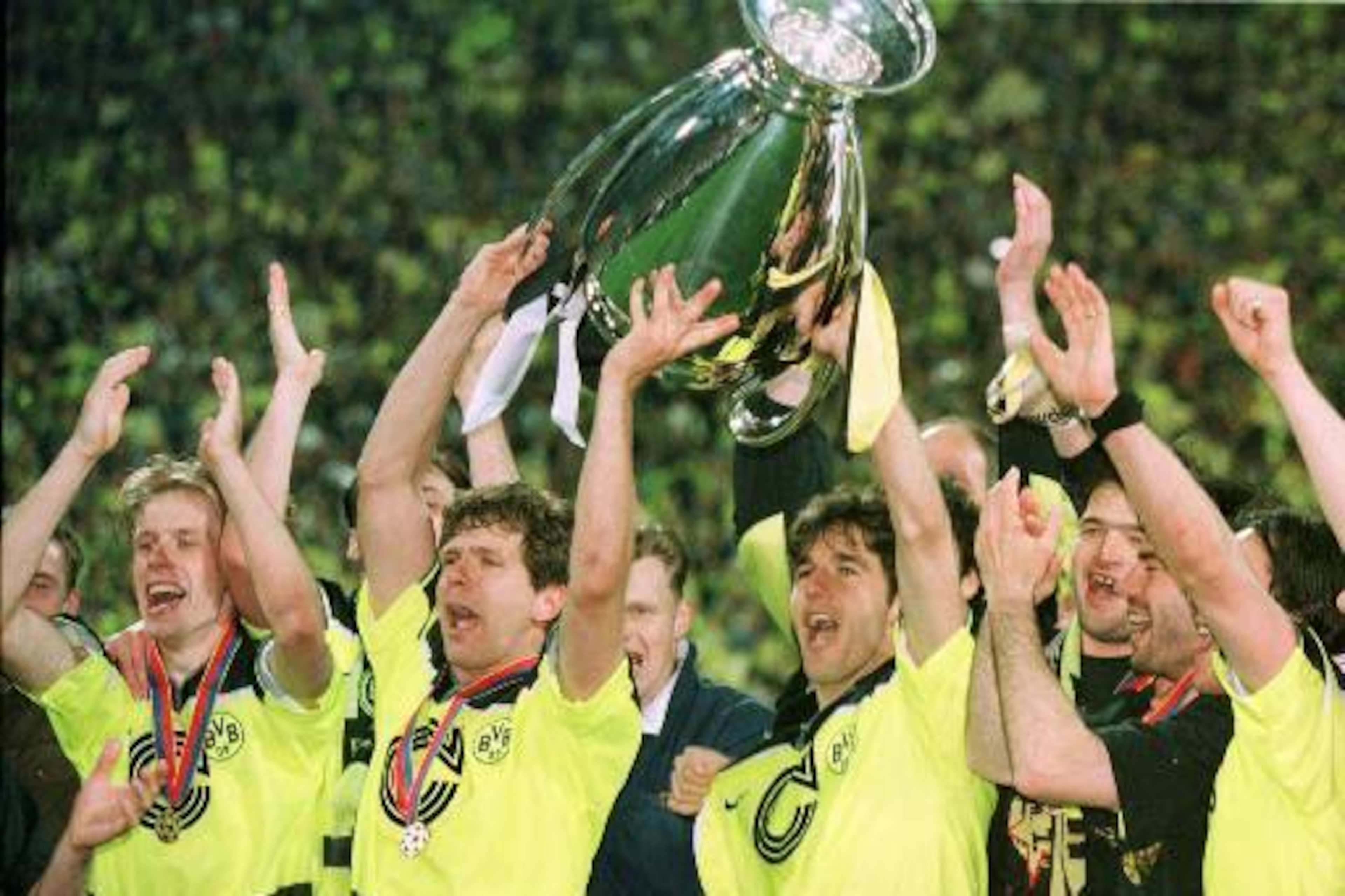 Dortmund won the 1996/97 Champions League with legends such as Andreas Moller or Karl-Heinz Riedle, pictured in the middle here. Dortmund won the 1996/97 Champions League with legends such as Andreas Moller or Karl-Heinz Riedle, pictured in the middle here.
