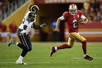 SANTA CLARA, CA - SEPTEMBER 12:  Blaine Gabbert #2 of the San Francisco 49ers runs with the ball against the Los Angeles Rams during their NFL game at Levi's Stadium on September 12, 2016 in Santa Clara, California.  (Photo by Thearon W. Henderson/Getty I
