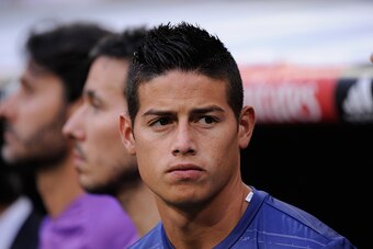 MADRID, SPAIN - AUGUST 27:  James Rodriguez of Real Madrid looks on from the bench before the La Liga match between Real Madrid CF and RC Celta de Vigo at Estadio Santiago Bernabeu on August 27, 2016 in Madrid, Spain.  (Photo by Denis Doyle/Getty Images)