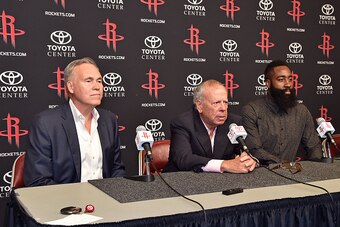 HOUSTON, TX - JULY 09:  Mike D'Antoni and Leslie Alexander announces James Harden #13 of the Houston Rockets new contract during a press conference on July 09, 2016 at Toyota Center in Houston, Texas. NOTE TO USER: User expressly acknowledges and agrees t