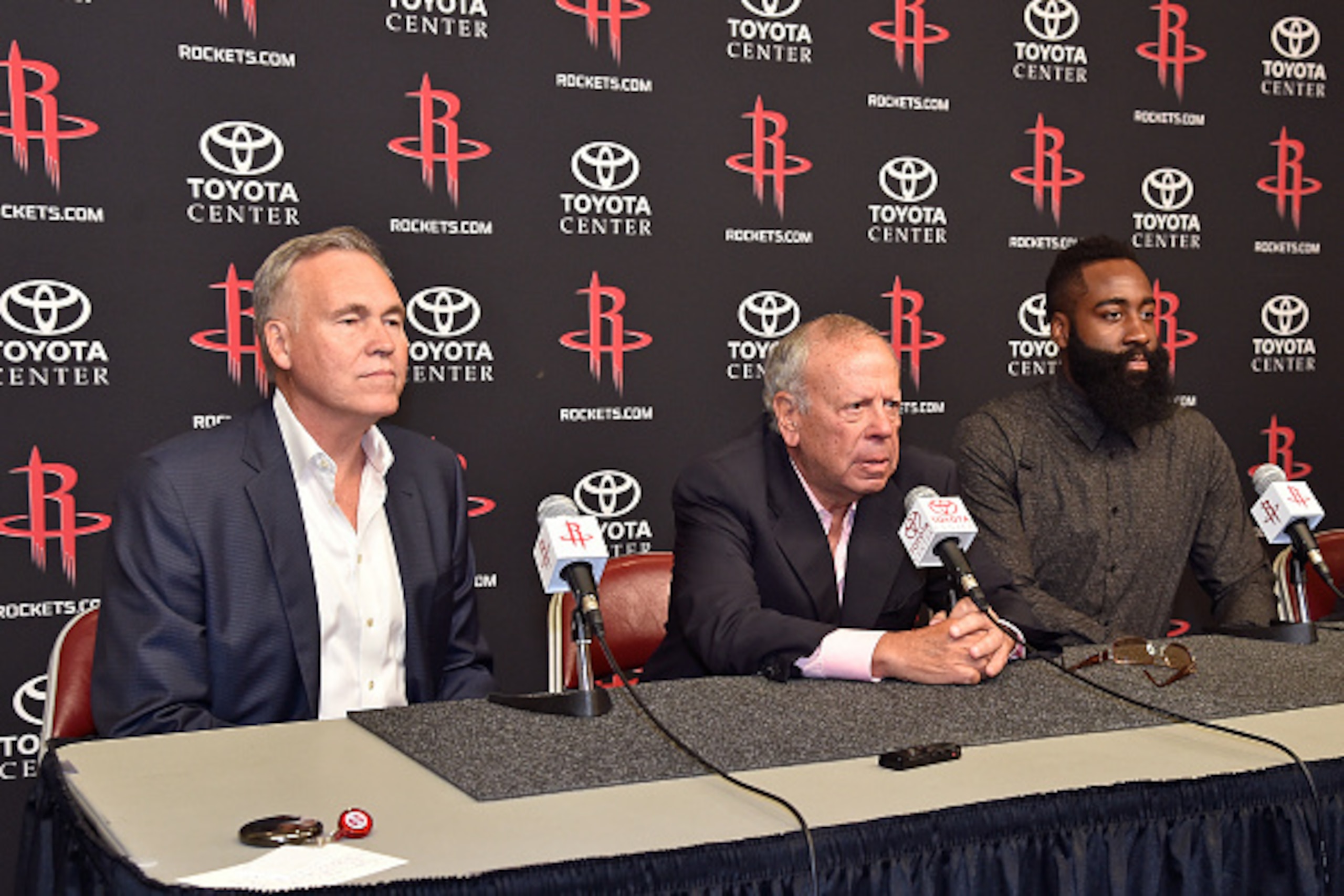 HOUSTON, TX - JULY 09:  Mike D'Antoni and Leslie Alexander announces James Harden #13 of the Houston Rockets new contract during a press conference on July 09, 2016 at Toyota Center in Houston, Texas. NOTE TO USER: User expressly acknowledges and agrees t