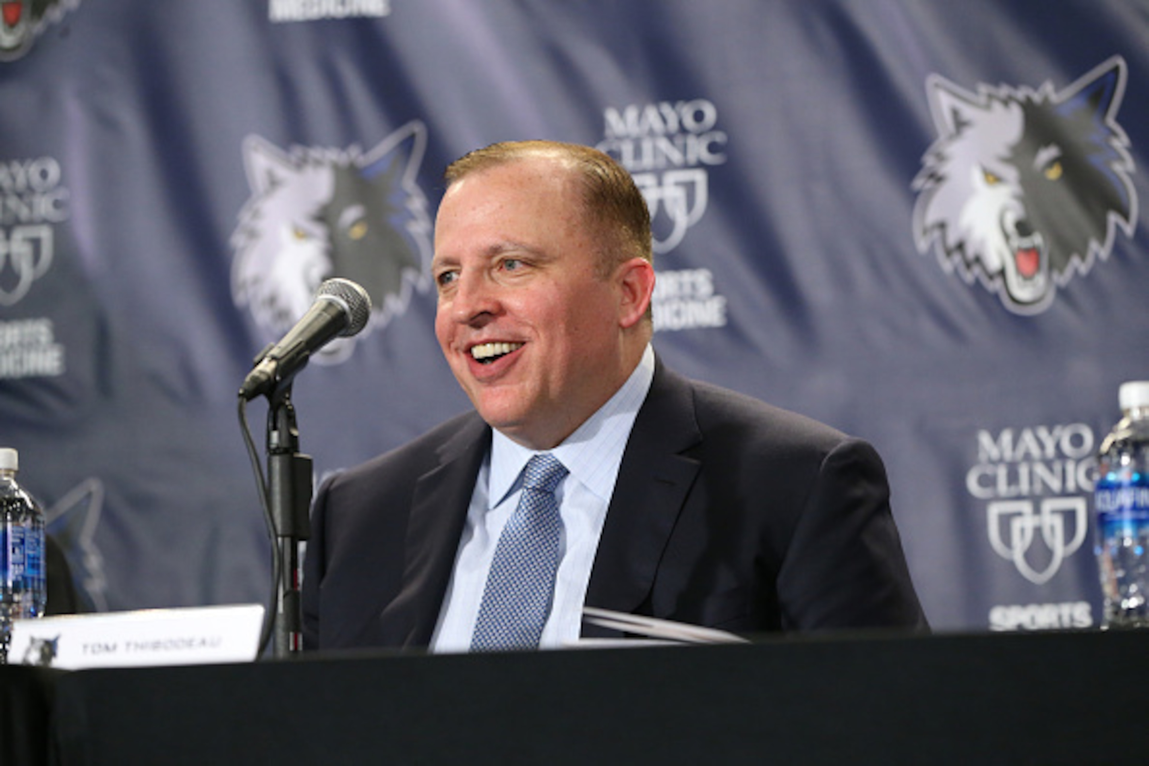 MINNEAPOLIS, MN - APRIL26:  Tom Thibodeau, President of Basketball Operations and Head Coach and Scott Layden, General Manager, of the Minnesota Timberwolves are introduced to the media by Owner Glen Taylor on April 26, 2016 at Target Center in Minneapoli