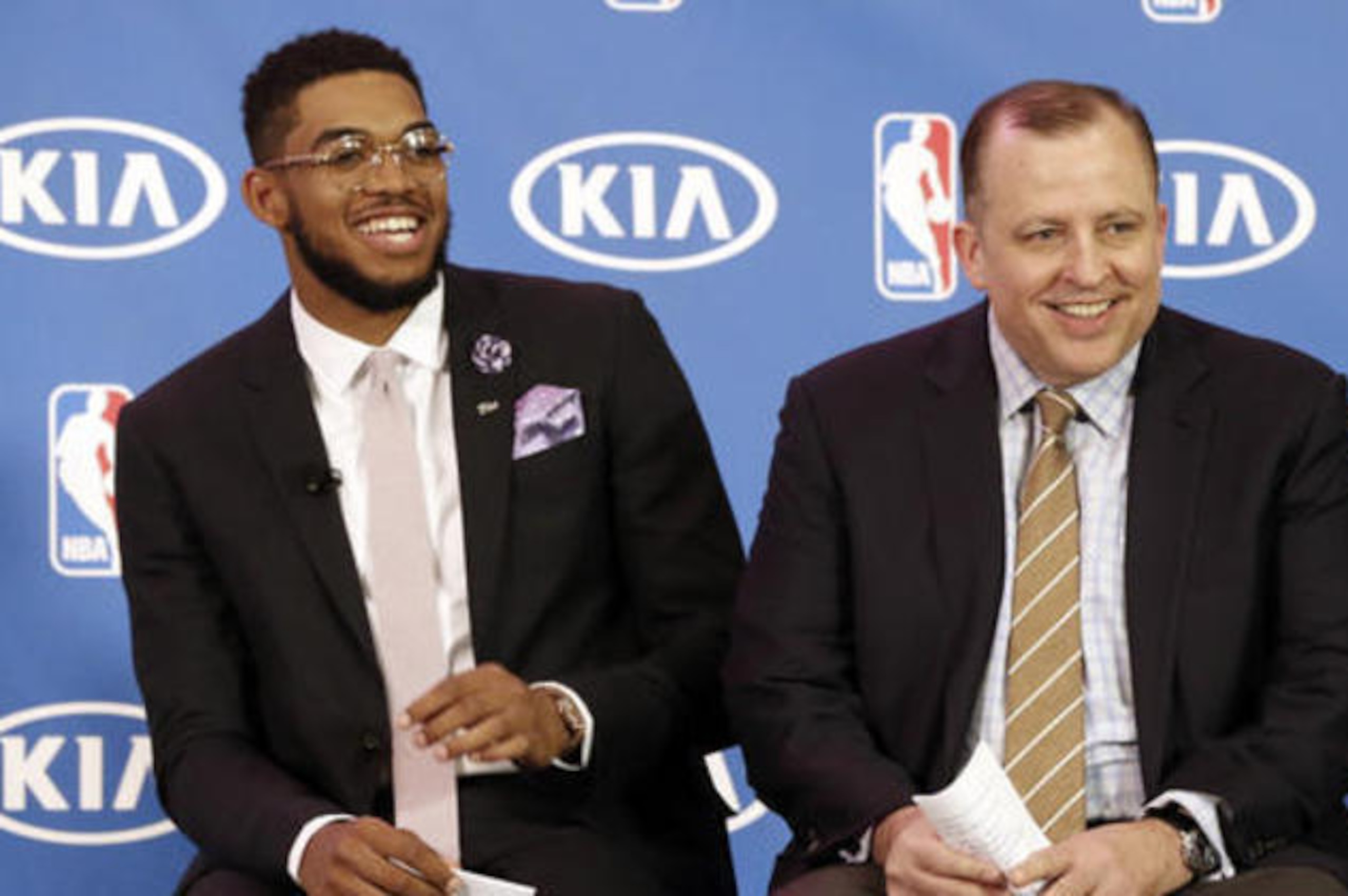 Karl-Anthony Towns (left) and Tom Thibodeau (right) start a new era for the T-Wolves.