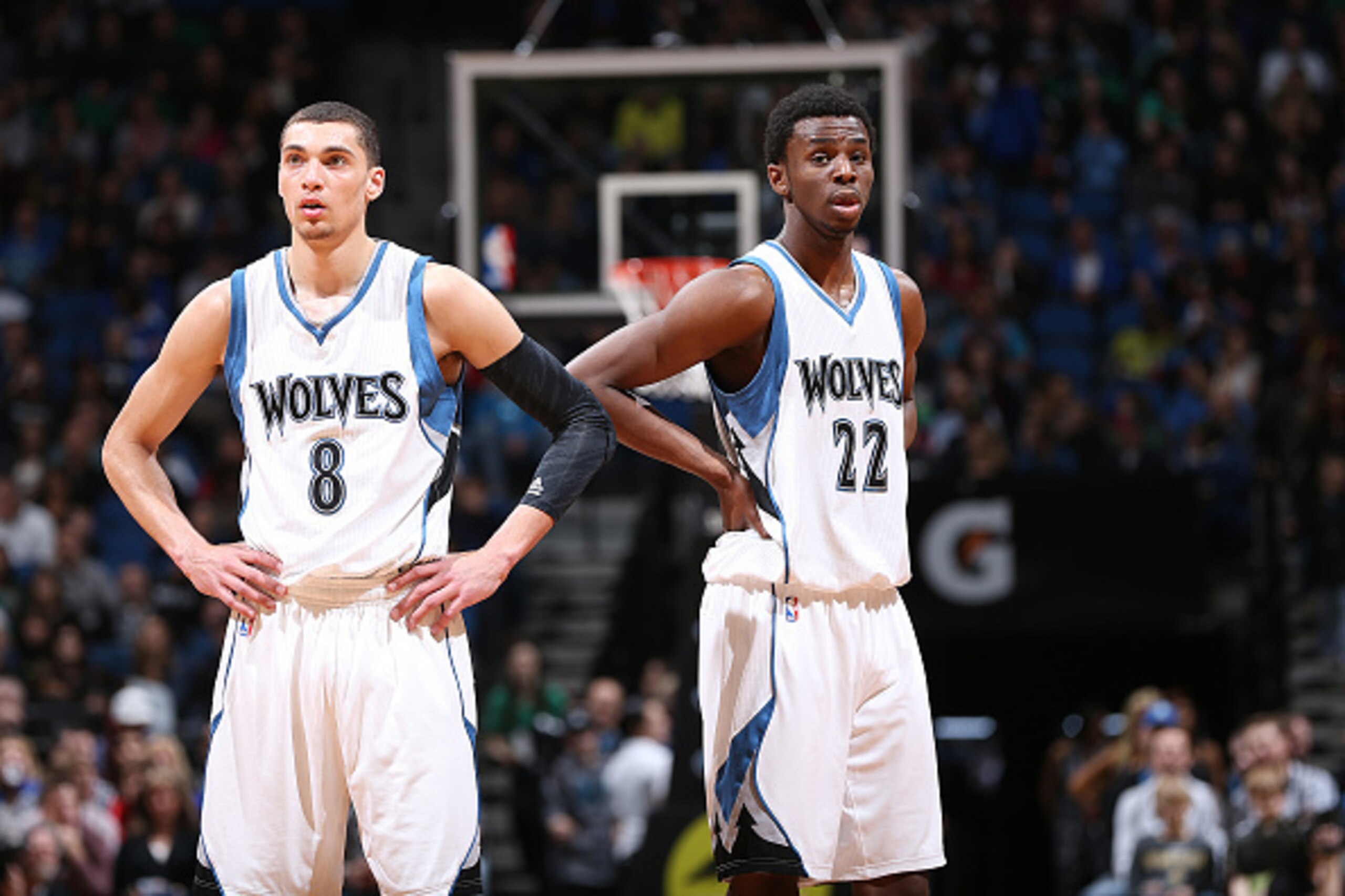 MINNEAPOLIS, MN - APRIL 3:  Zach LaVine #8 and Andrew Wiggins #22 of the Minnesota Timberwolves during the game against the Orlando Magic on April 3, 2015 at Target Center in Minneapolis, Minnesota. NOTE TO USER: User expressly acknowledges and agrees tha
