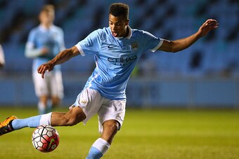 MANCHESTER, ENGLAND - MARCH 18:  Lukas Nmecha of Manchester City during the FA Youth Cup Semi Final, First Leg match between Manchester City and Arsenal at the City Football Academy on March 18, 2016 in Manchester, England.  (Photo by Alex Livesey/Getty I