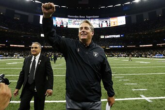 NEW ORLEANS, LA - SEPTEMBER 11: Head coach Jack Del Rio of the Oakland Raiders celebrates after winning a game against the New Orleans Saints at Mercedes-Benz Superdome on September 11, 2016 in New Orleans, Louisiana.  (Photo by Jonathan Bachman/Getty Ima