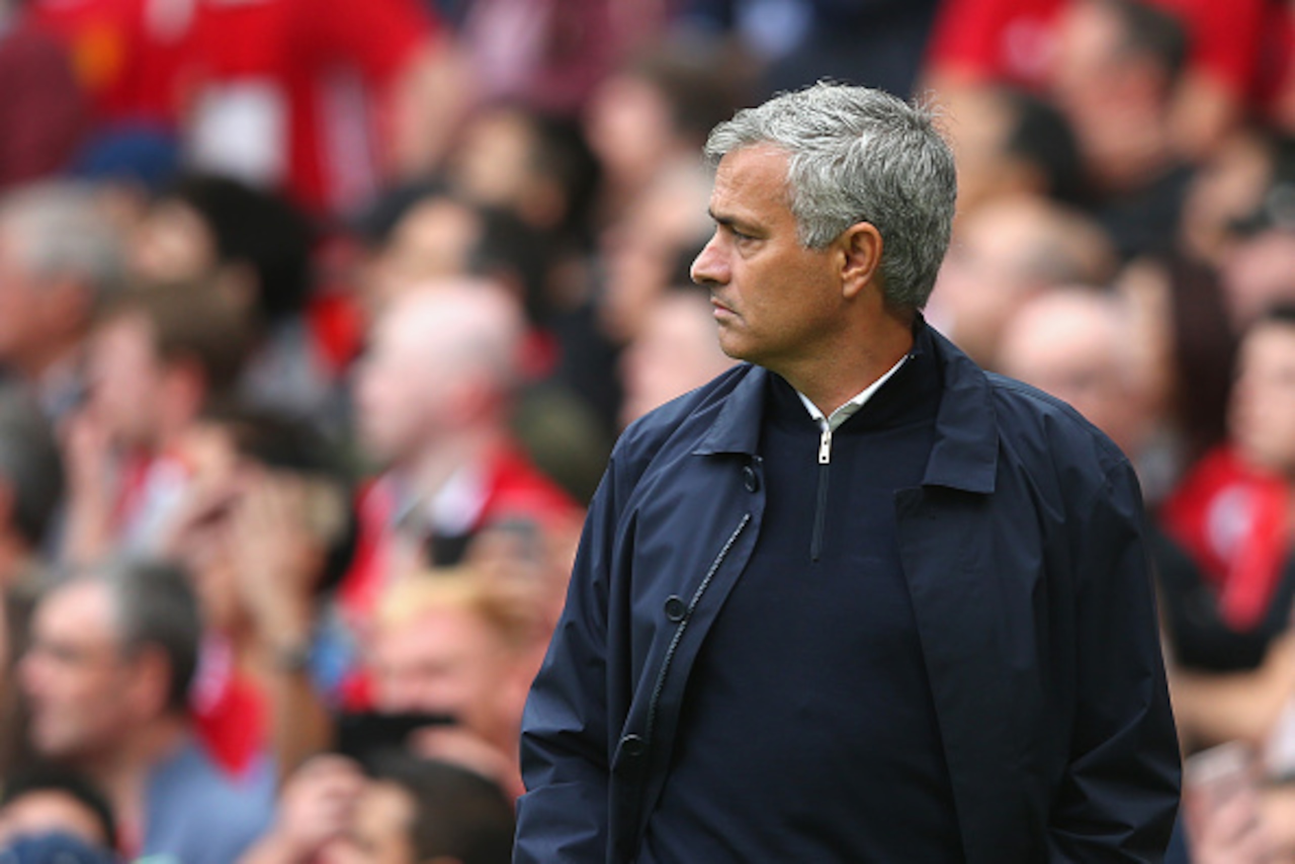 MANCHESTER, ENGLAND - SEPTEMBER 10:  Jose Mourinho, Manager of Manchester United reacts during the Premier League match between Manchester United and Manchester City at Old Trafford on September 10, 2016 in Manchester, England.  (Photo by Alex Livesey/Get