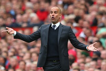 MANCHESTER, ENGLAND - SEPTEMBER 10: Josep Guardiola, Manager of Manchester City reacts during the Premier League match between Manchester United and Manchester City at Old Trafford on September 10, 2016 in Manchester, England.  (Photo by Alex Livesey/Gett