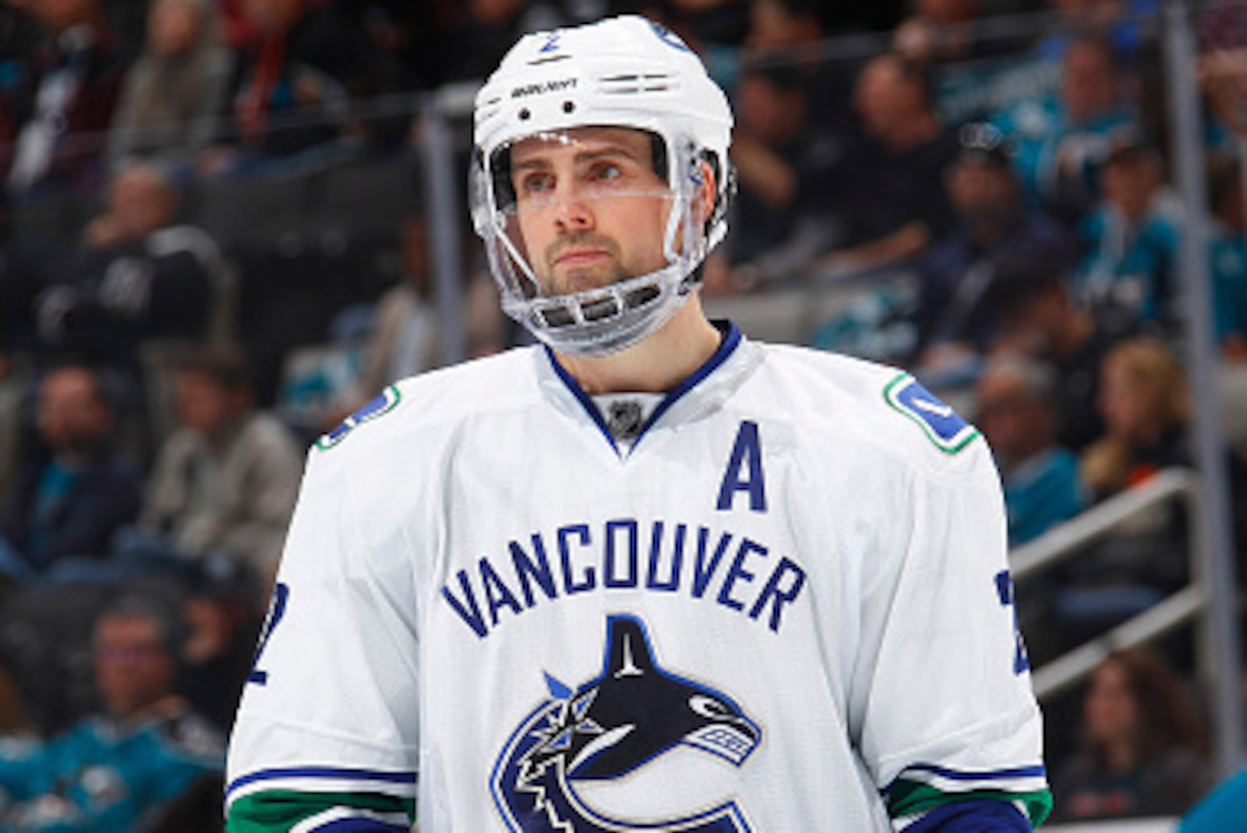 SAN JOSE, CA - MARCH 31: Dan Hamhuis #2 of the Vancouver Canucks looks on during the game against the San Jose Sharks at SAP Center on March 31, 2016 in San Jose, California. (Photo by Rocky W. Widner/NHL/Getty Images)