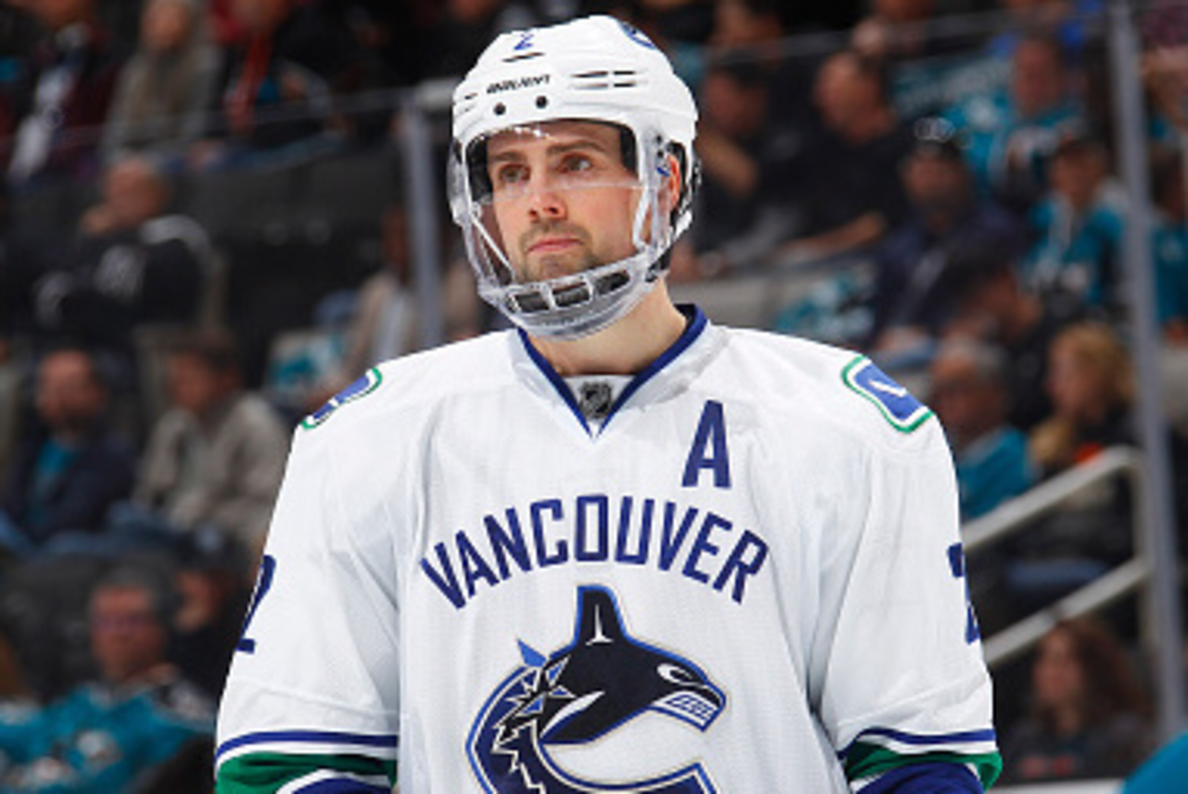 SAN JOSE, CA - MARCH 31: Dan Hamhuis #2 of the Vancouver Canucks looks on during the game against the San Jose Sharks at SAP Center on March 31, 2016 in San Jose, California. (Photo by Rocky W. Widner/NHL/Getty Images)