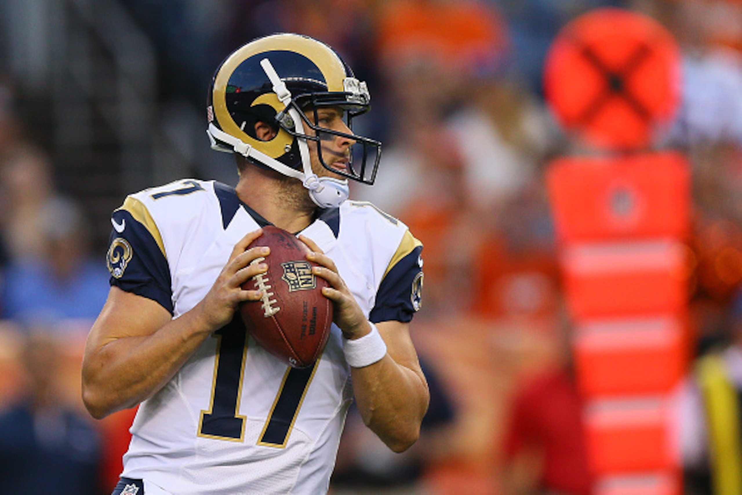 DENVER, CO - AUGUST 27:  Quarterback Case Keenum #17 of the Los Angeles Rams drops back to pass during the first quarter against the Denver Broncos at Sports Authority Field at Mile High on August 27, 2016 in Denver, Colorado. (Photo by Justin Edmonds/Get