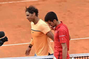 ROME, ITALY - MAY 13:  Novak Djokovic of Serbia and  Rafael Nadal of Spain after the match during day six of the The Internazionali BNL d'Italia 2016  on May 13, 2016 in Rome, Italy.  (Photo by Giuseppe Bellini/Getty Images)